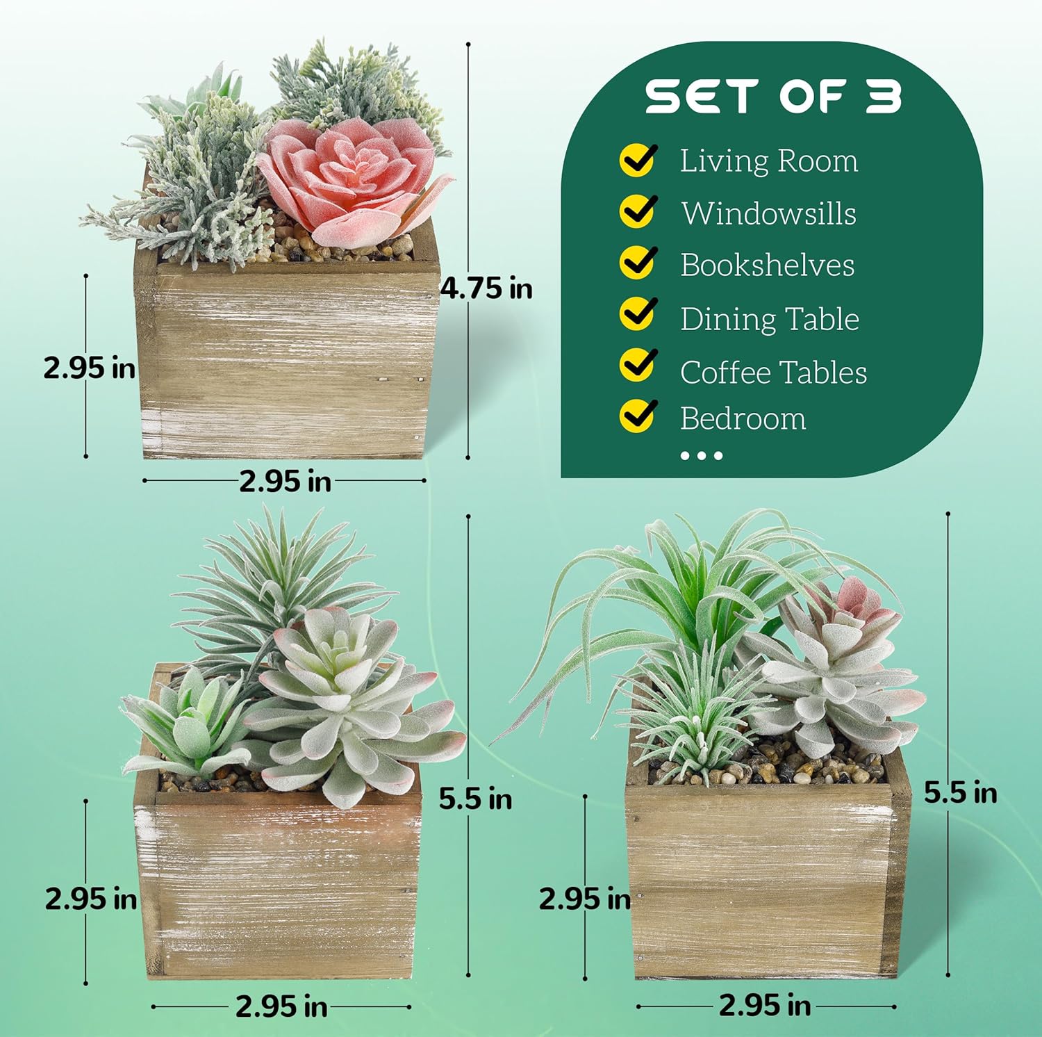 Der Rose Set of 3 Succulents Plants Artificial Fake Plants in Wood Pots with Pink Fake Flowers for Farmhouse Bathroom Desk Sheif Decor