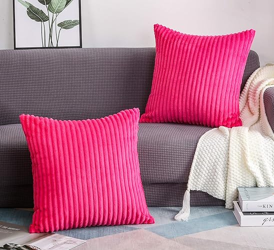 TangDepot, Set of 2 Soft Plush Velvet Big Striped Corduroy Solid Decorative Throw Pillow Covers, Square Pillow Covers - (12"x12" 2 Pieces, A75 Hot Pink) - A75 Hot Pink - 12" x 12" (Pack of 2)