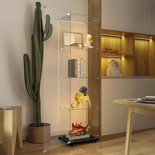 Miniatura 6 de Vitrina de cristal con 4 estantes con tira de luces LED y cerradura, vitrina de vitrina con ruedas y 1 puerta, vitrina de vidrio templado para sala