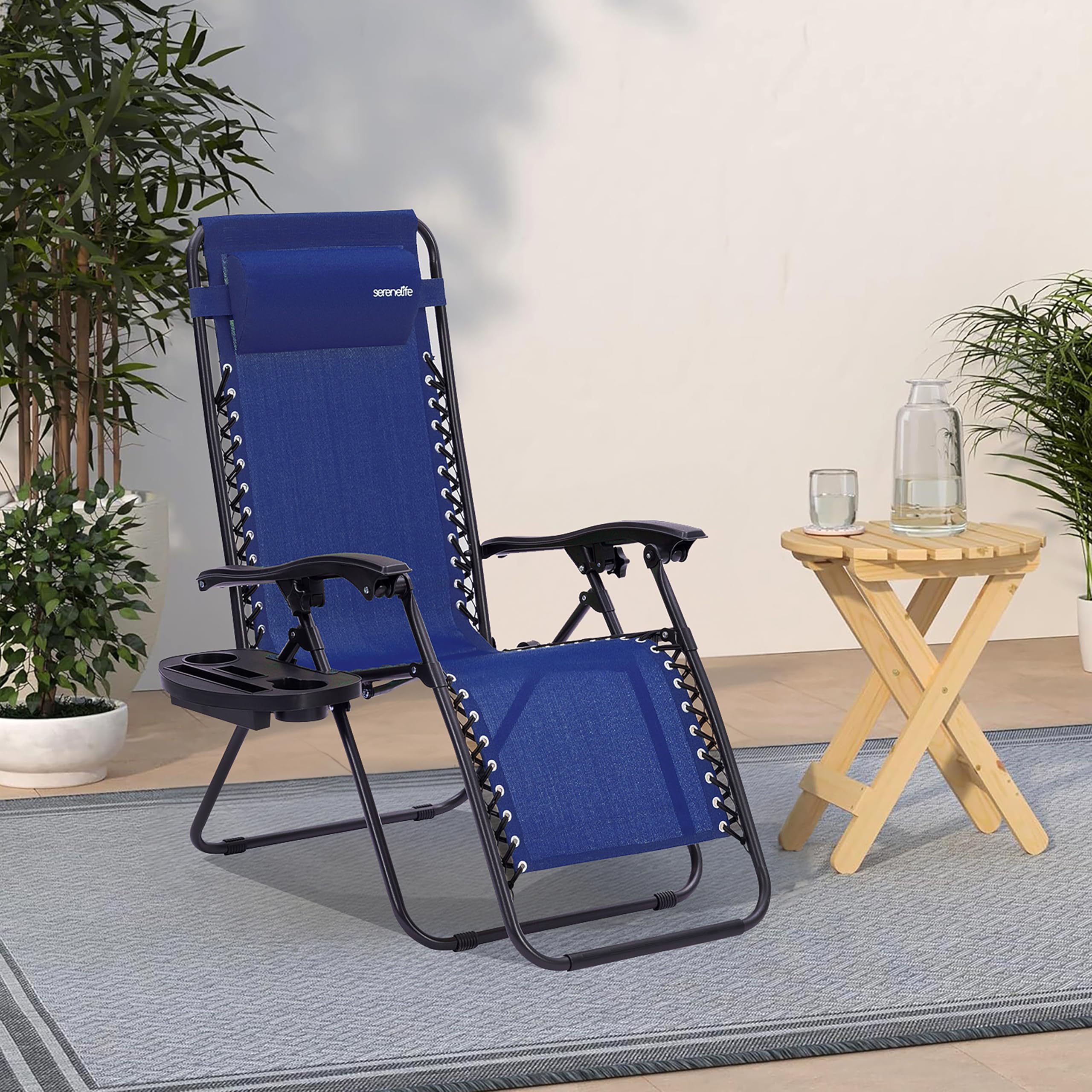 SereneLife Sonnenliege Klappbar 2er Set, Zero Gravity Liegestuhl Garten, bis 120 kg Blau, Verstellbar und Wetterfest, mit Getränkehalter und Kopfstütze, für Balkon Terrasse Strand Relax