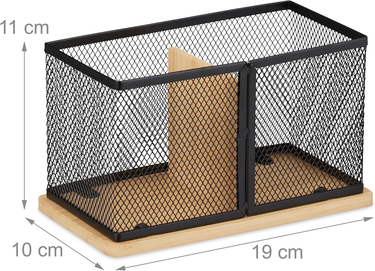 Relaxdays Pen, Bamboo & Mesh, HxWxD: 11 x 19 x 10 cm, Pencil Cup for Desk, Office Storage Holder, Black/Natural, Iron