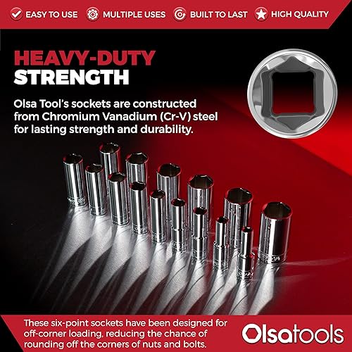 Miniatura 4 de Olsa Tools Juego de llaves profundas SAE - 12 pulgadas, 18 piezas - 6 puntas cromadas de 38" a 1-14" y tamaños sin omitir - Juego de llaves de vaso