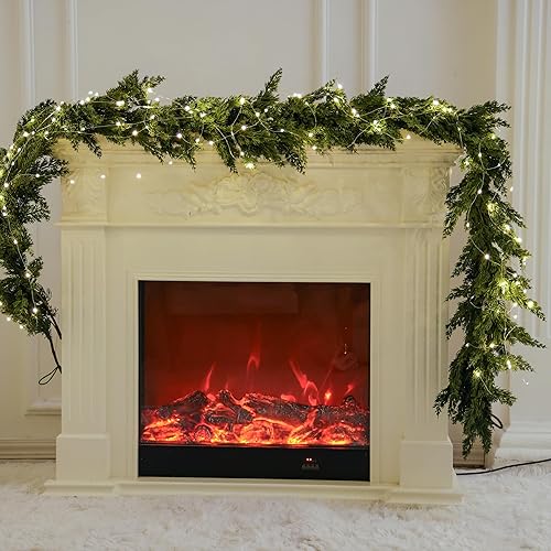 Miniatura 13 de MISSPIN Guirnalda de Navidad de 9 pies con tira de luces, guirnalda de pino de cedro de tacto real, guirnalda verde artificial para mesa, manto,