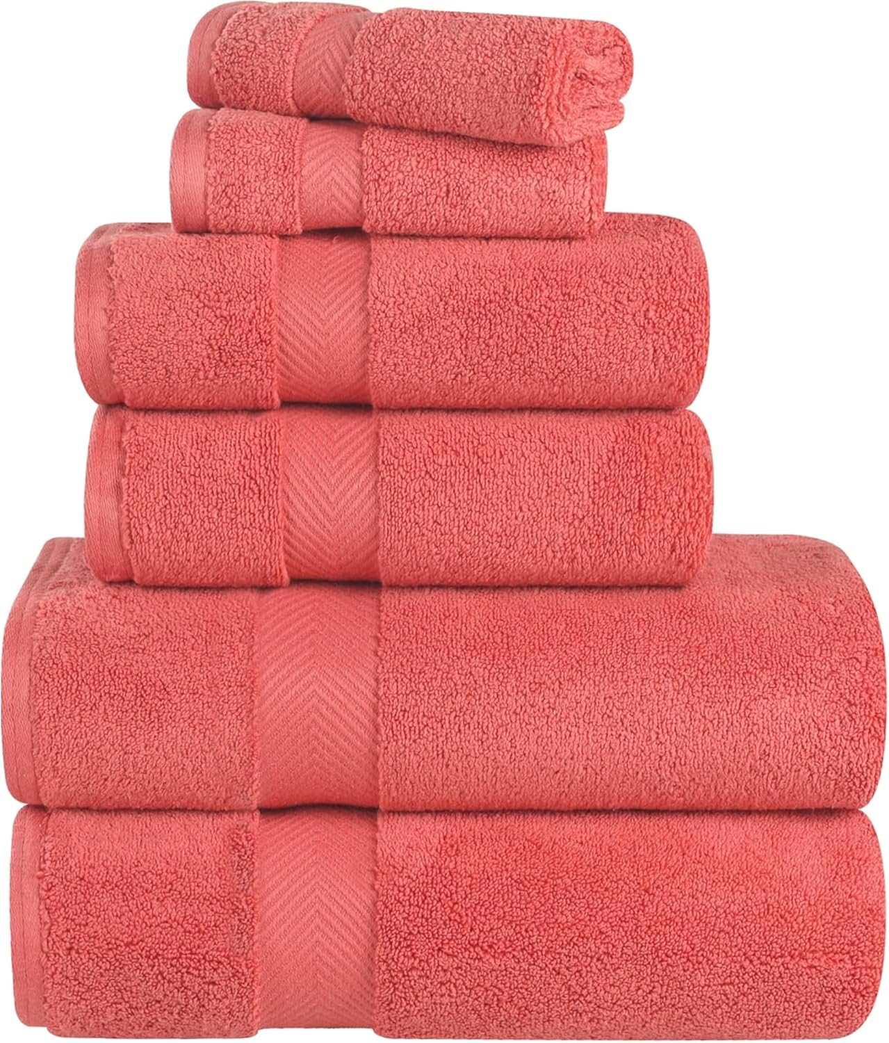 Superior Zero Twist 100% Cotton 6 Piece Towel Set - Super Soft, Fluffy, Absorbent Bath Towels, Hand Towels & Washcloths in Coral