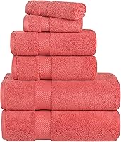 Superior Zero Twist 100% Cotton 6 Piece Towel Set - Super Soft, Fluffy, Absorbent Bath Towels, Hand Towels & Washcloths in Coral
