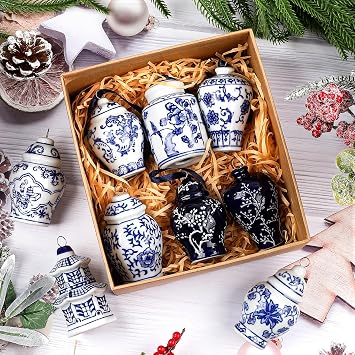 YIYA 9 Pack Porcelain Christmas Tree Ornaments 3.5 in Blue and White Ornaments Christmas Chinoiserie Hanging Ornaments Mini Ginger Jar for Xmas Tree Vintage Decoration