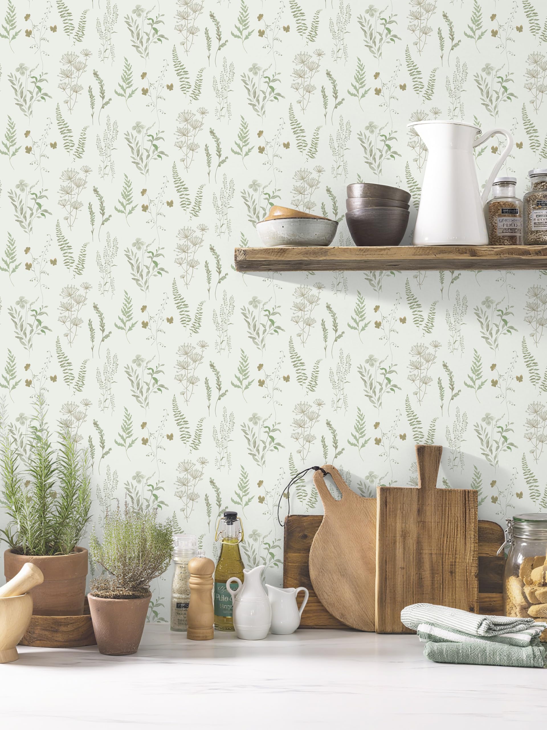Timeet 44x1000cm Self Adhesive Wallpaper Beige Peel and Stick Wallpaper Green Leaf Sticky Back Vinyl Wrap Contact Paper for Bedroom Living Room Kitchen Wall Shelf Cabinet
