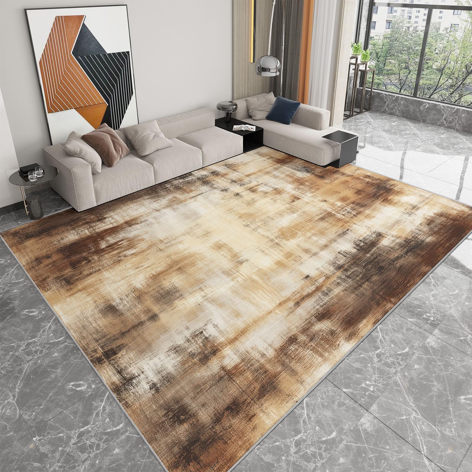 Dywan Można prać w pralce Abstrakcyjny Retro Wood Grain Malarstwo olejne 160 x 230 cm, Wzmocnione krawędzie Maty antypoślizgowe Odporne na plamy, do salonu domu łazienki Chłonny dywanik khaki