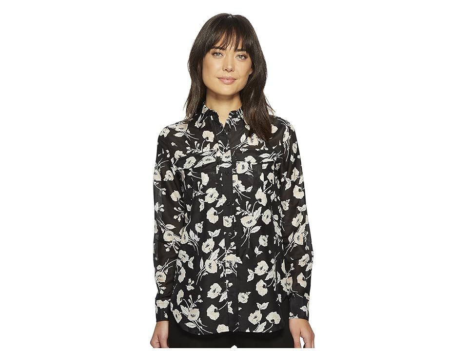 

LAUREN Ralph Lauren Floral Cotton-Silk Shirt (Black/Peach) Women's Clothing