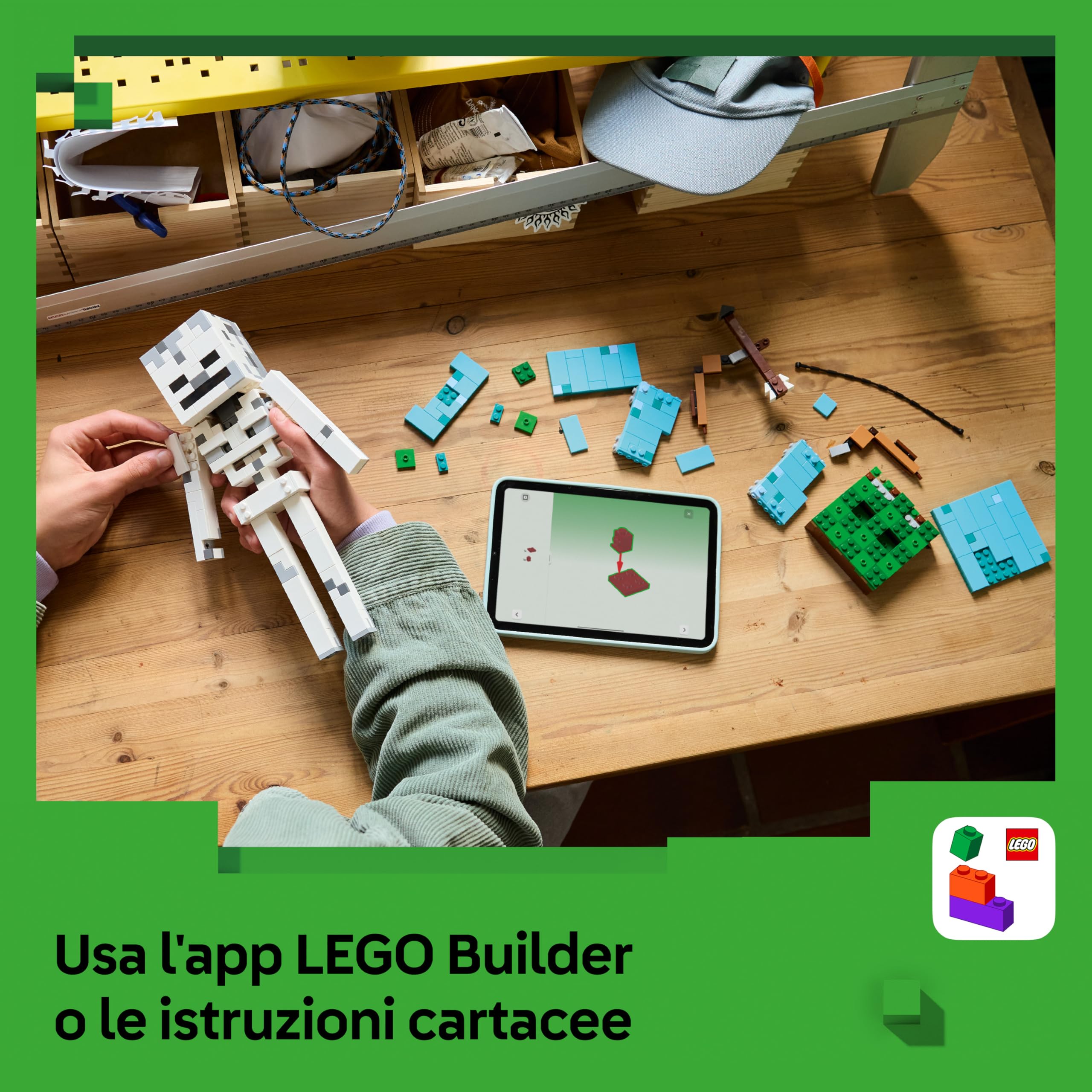 LEGO Minecraft Scheletro Giocattolo - Action Figure di Mob con Elmo di Diamante, Arco e Frecce e Base in Erba - Decorazione Cameretta - Regalo per Gamer, Bambini e Bambine da 10 Anni in su - 21594