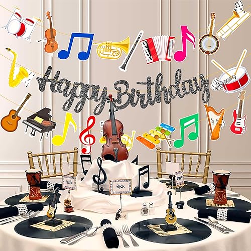 Miniatura 7 de Cartel de fiesta de cumpleaños con purpurina negra para instrumentos musicales, guirnalda de instrumentos musicales para tema de músico, suministros