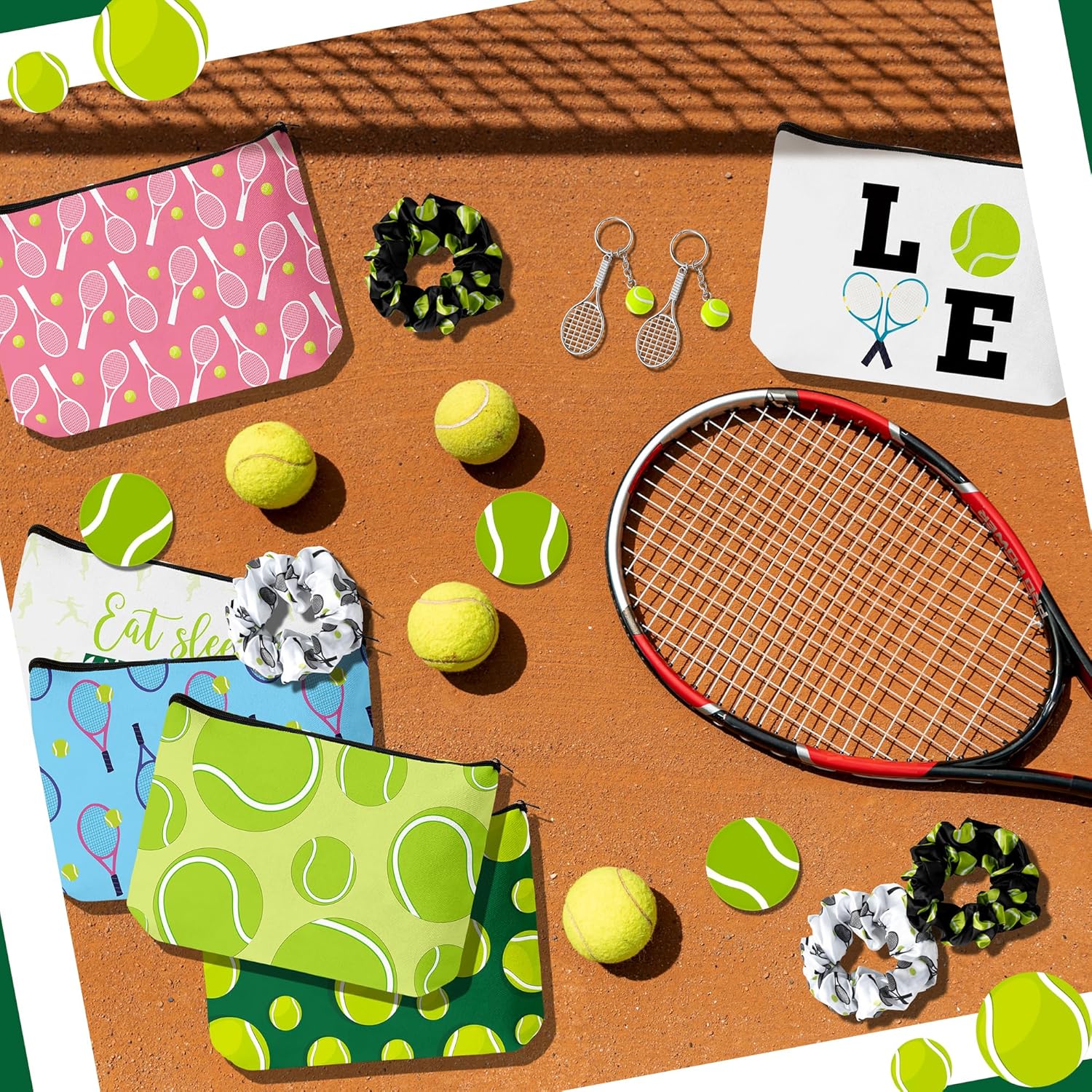 Y1tvei 30Pcs Tennis Cosmetic Bag Hair Scrunchies Round Mirrors Racket Keychain Tennis Party Favors Gifts, Sports Makeup Bag Accessories for Women Girls Sports Lovers Players Team Party Decor Supplies