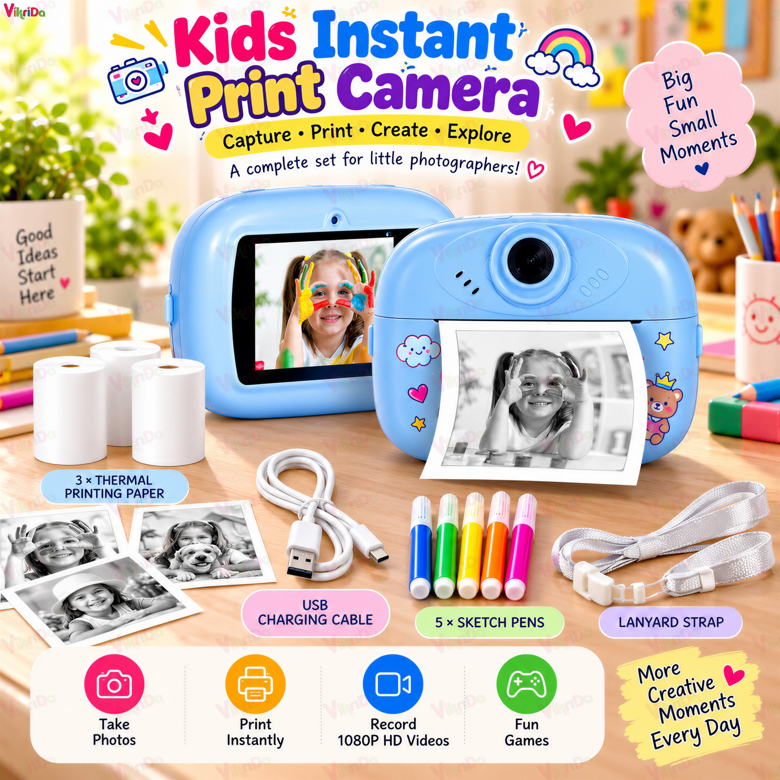 VikriDA Instant Print Camera for Kids | 1080P HD Digital Video Recorder with Built-in Printer | Instant Photo Printing | Multicolour — Amazon image 4
