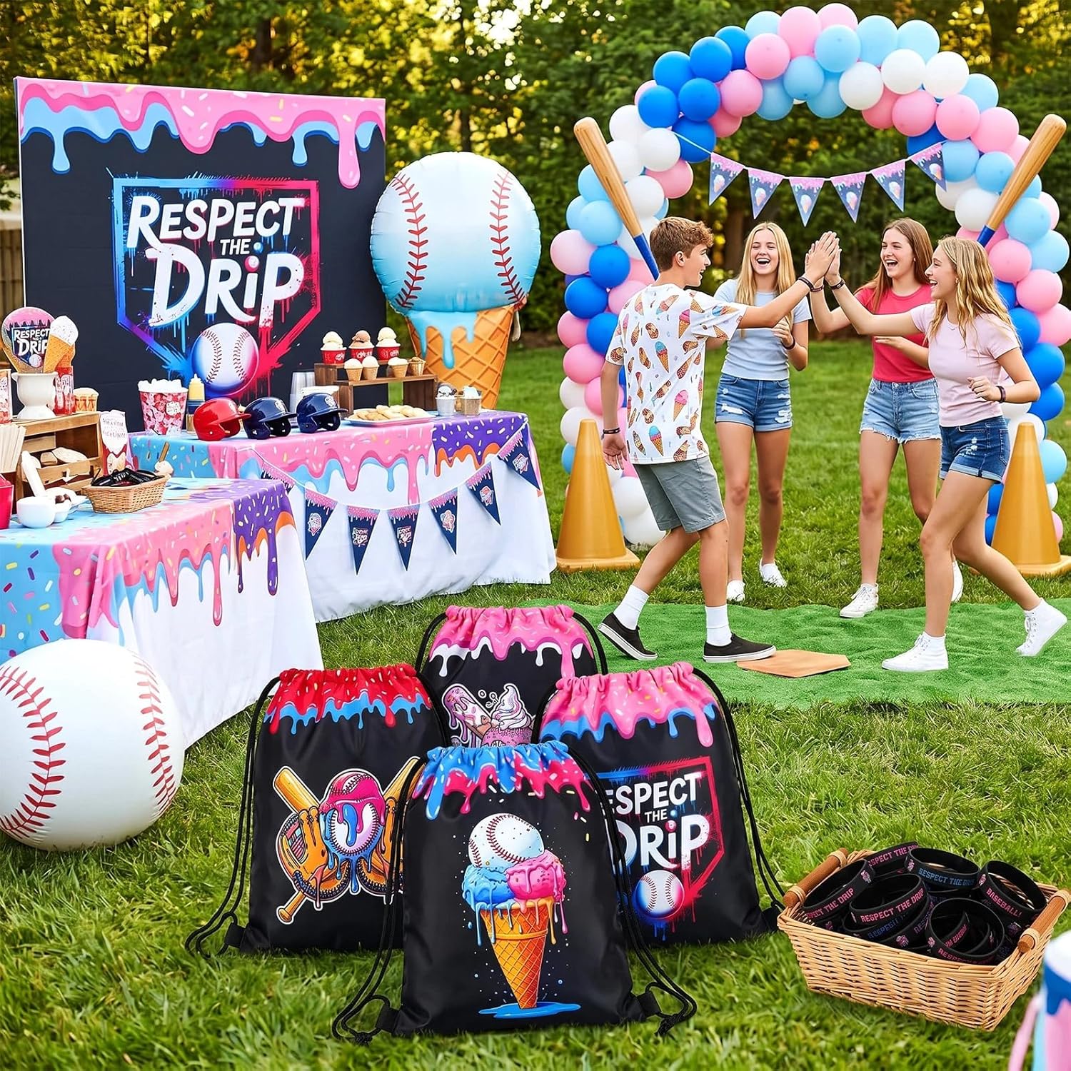 Equsion 32 Pcs Baseball Party Favors Set 16 Baseball Ice Cream Drawstring Goodie Bags 16 Silicone Wristband Respect the Drip Snack Treat Candy Bags Motivational Bracelet Sports Birthday Party Supplies