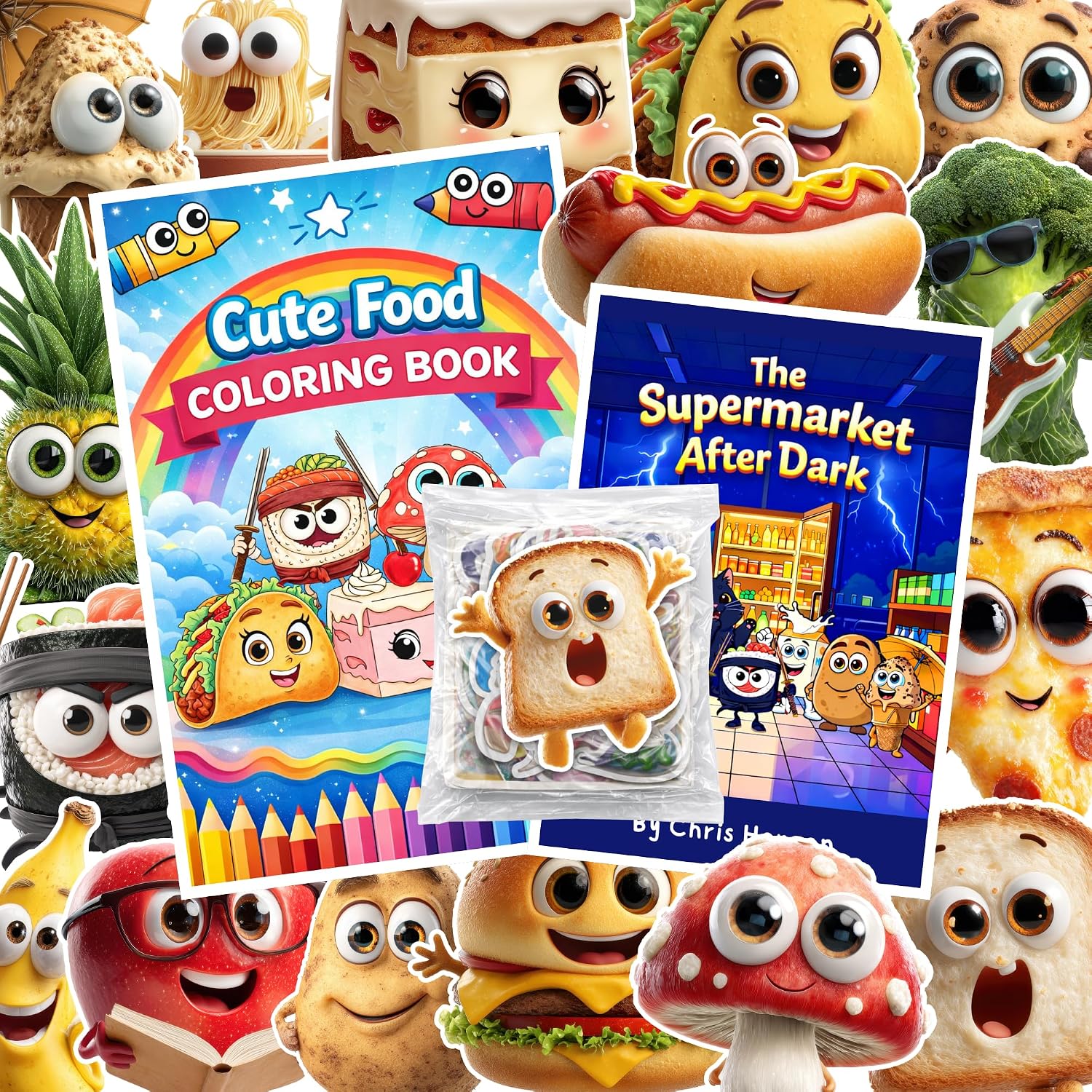 Cute Food Kids Activity Pack | 3 Piece Bundle | 50 PCS Sticker Pack + Story Book + 40 Page Coloring Book | Childrens Party Favors | Value Pack | Cute Food Theme | Stickers & Books Discount Bundle