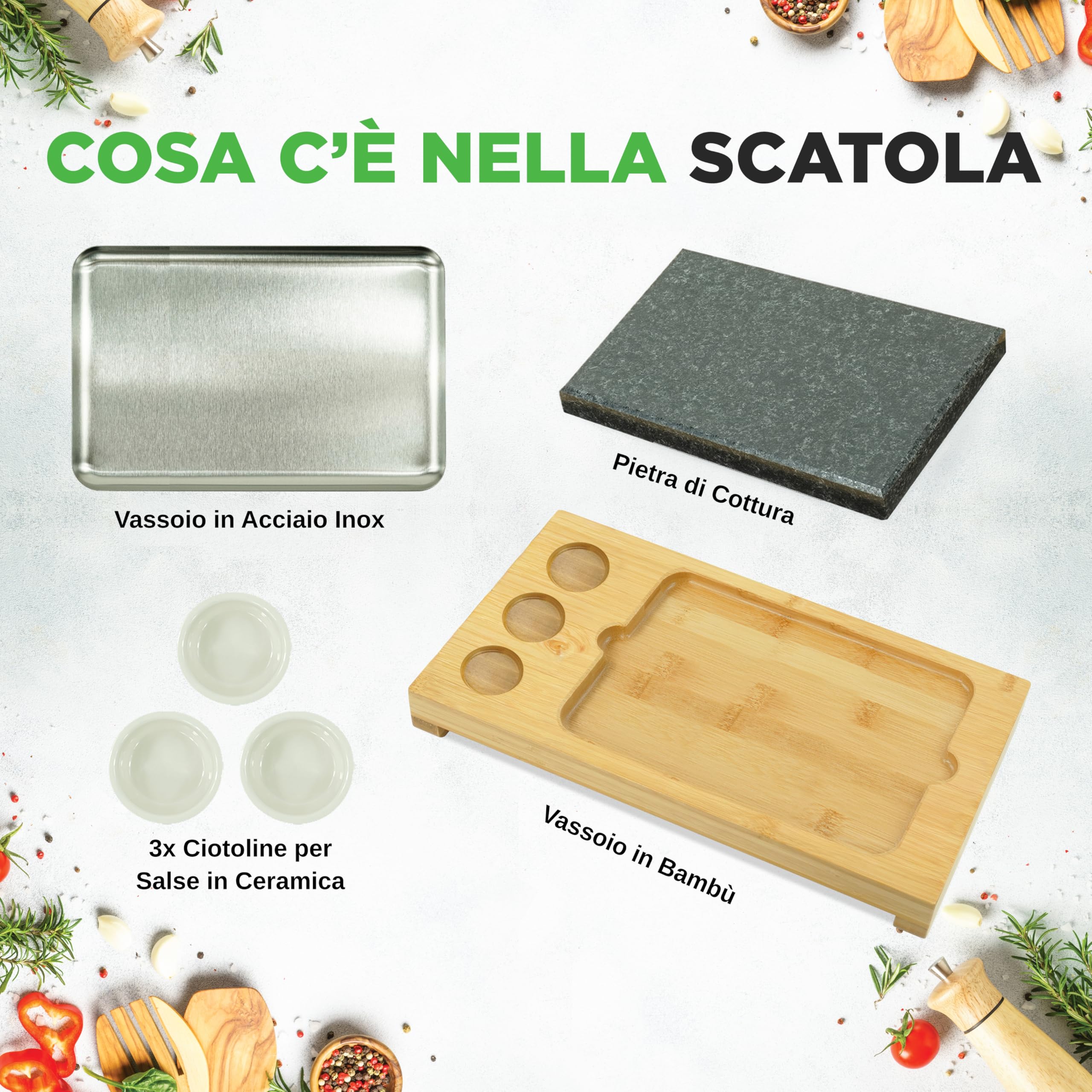 NutriChef Pietra Lavica per Carne, Barbecue da Tavolo con Pietra Granito, Vassoio Acciaio Inox, Piatto Bambù e Ciotole Ceramica, Griglia Carne, Verdura e Pesce