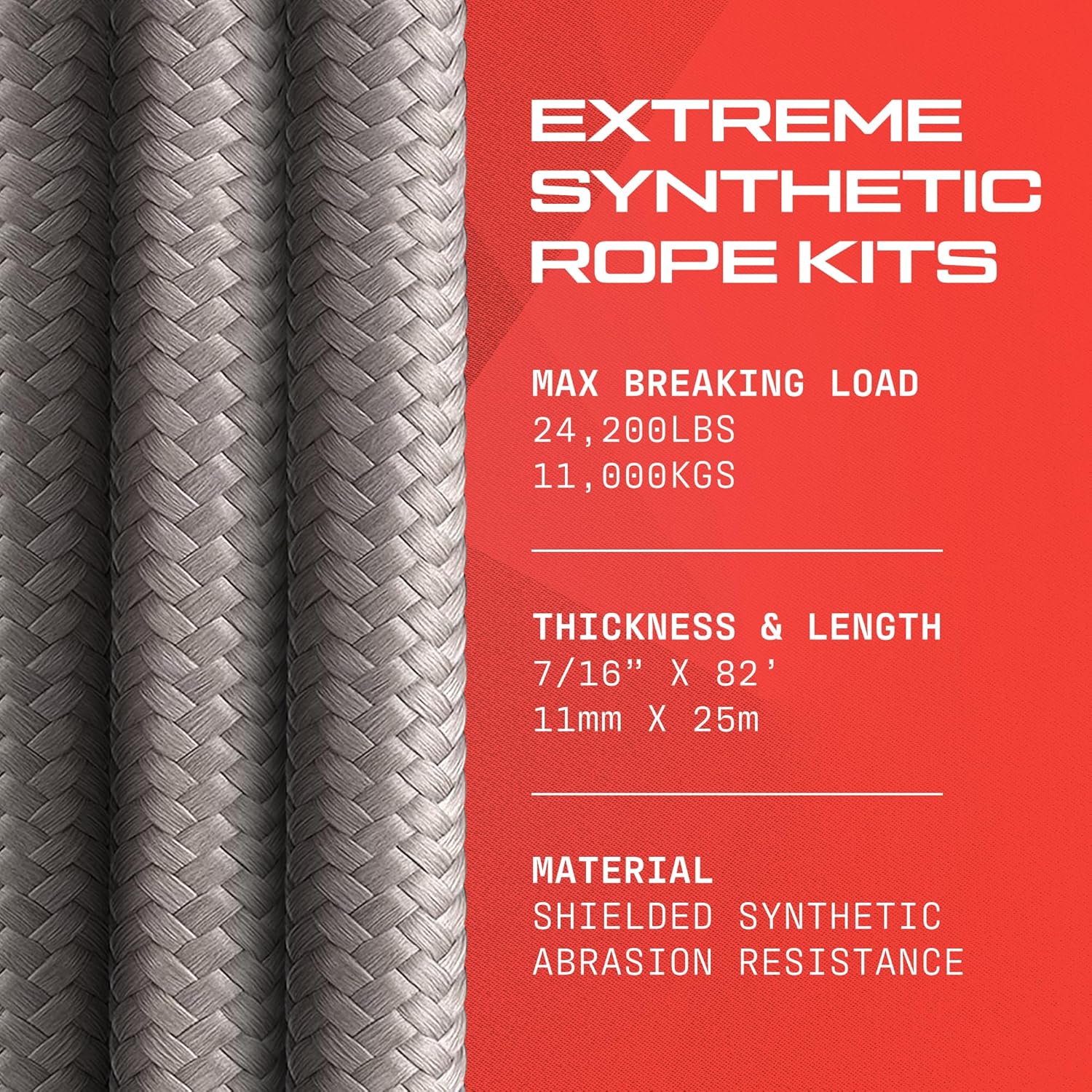 Extreme Synthetic Tow Rope, 7/16" x 82' with Heavy Duty Winch Cable, Abrasion Resistance – Ultimate Winch Rope Kit, for Car, Truck