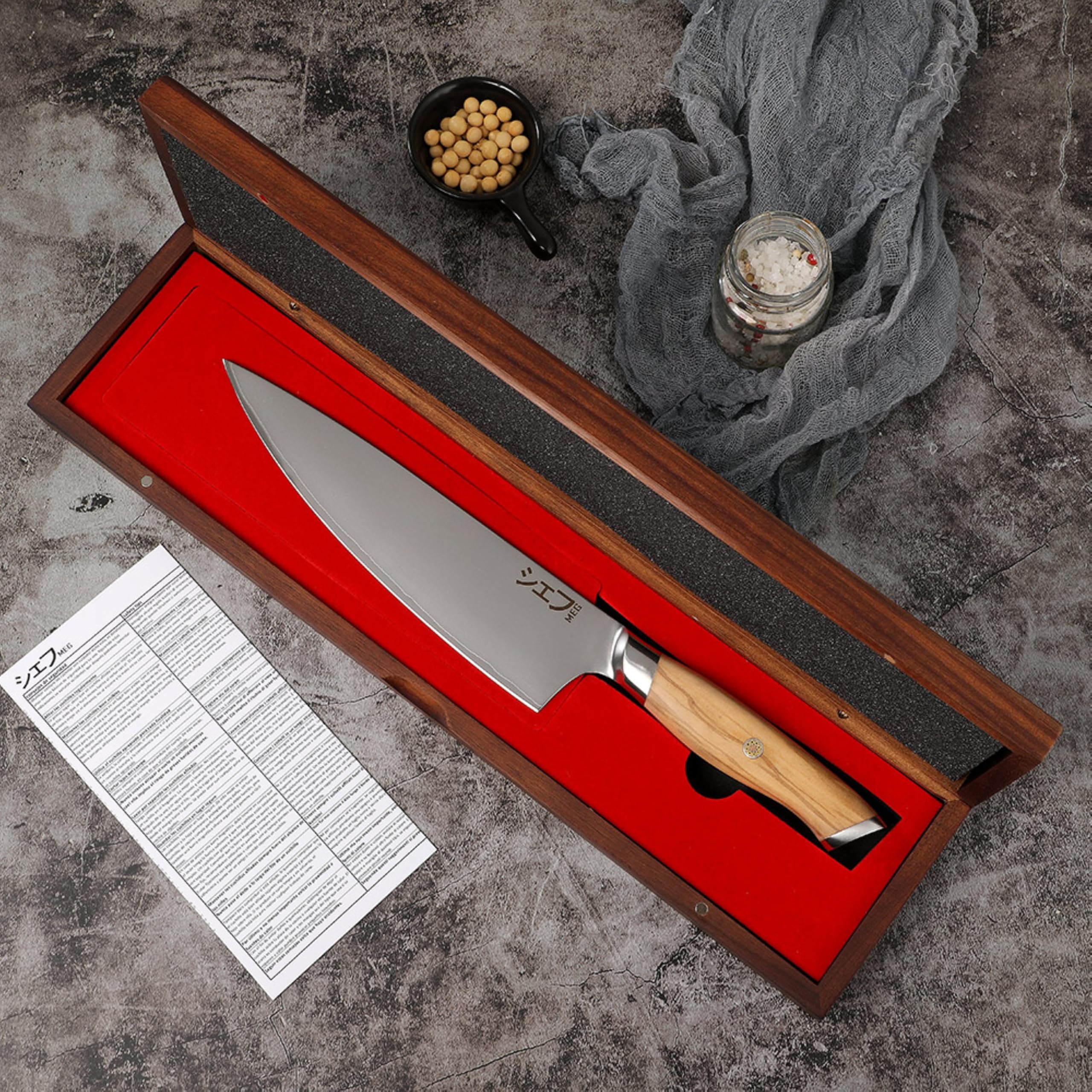 MEG Gyuto 206mm kute w San Mai nóż szefa kuchni, 3-warstwowy, ergonomiczny uchwyt z drewna oliwnego, certyfikat do użytku profesjonalnego, pudełko z drewna akacjowego, idealne na prezent