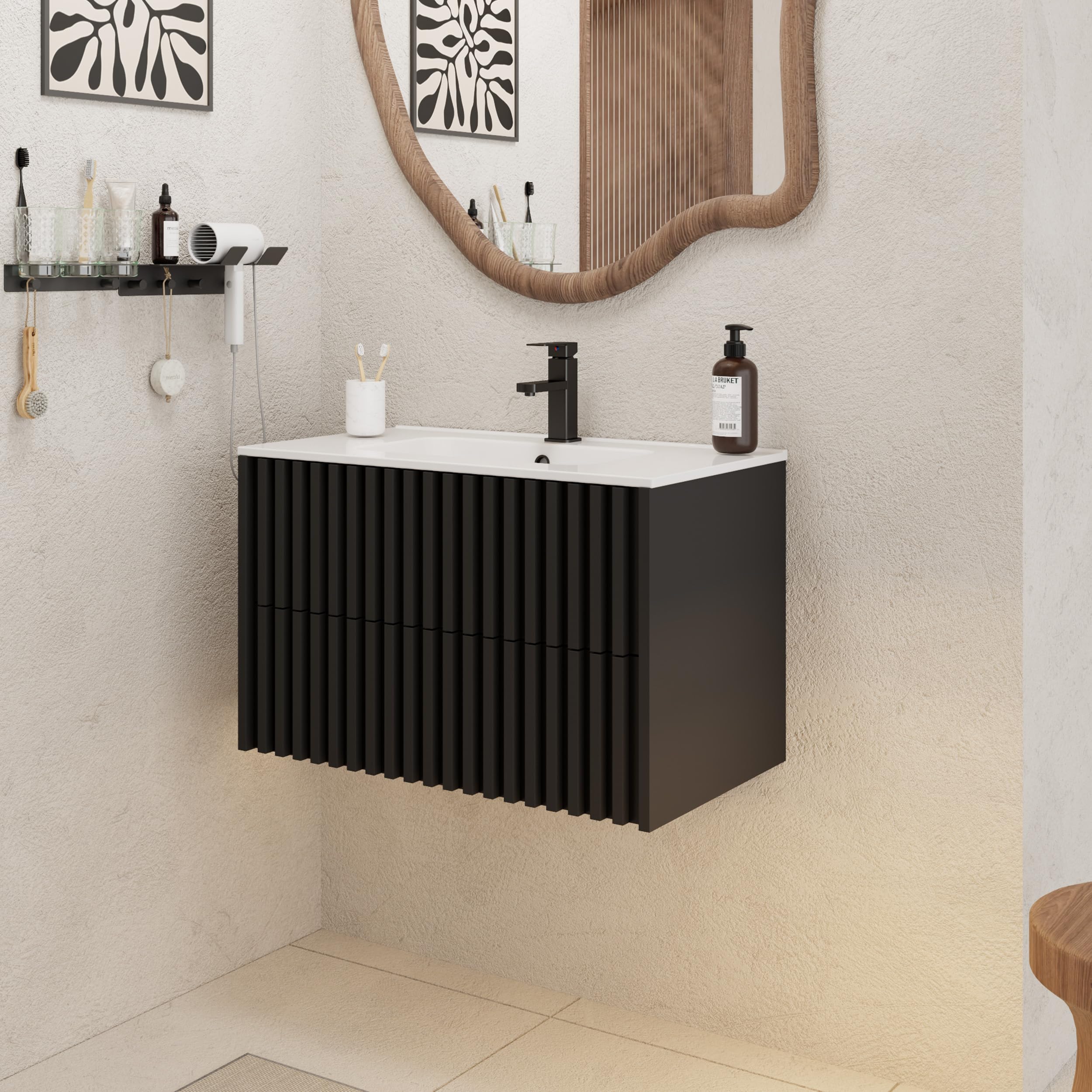 UEV Waschtisch mit Unterschrank, Waschbeckenunterschrank 80cm hängend, Waschplatz, Keramik Waschbecken, Badezimmmer Möbel für Gäste WC, Badmöbel Set, Schwarz