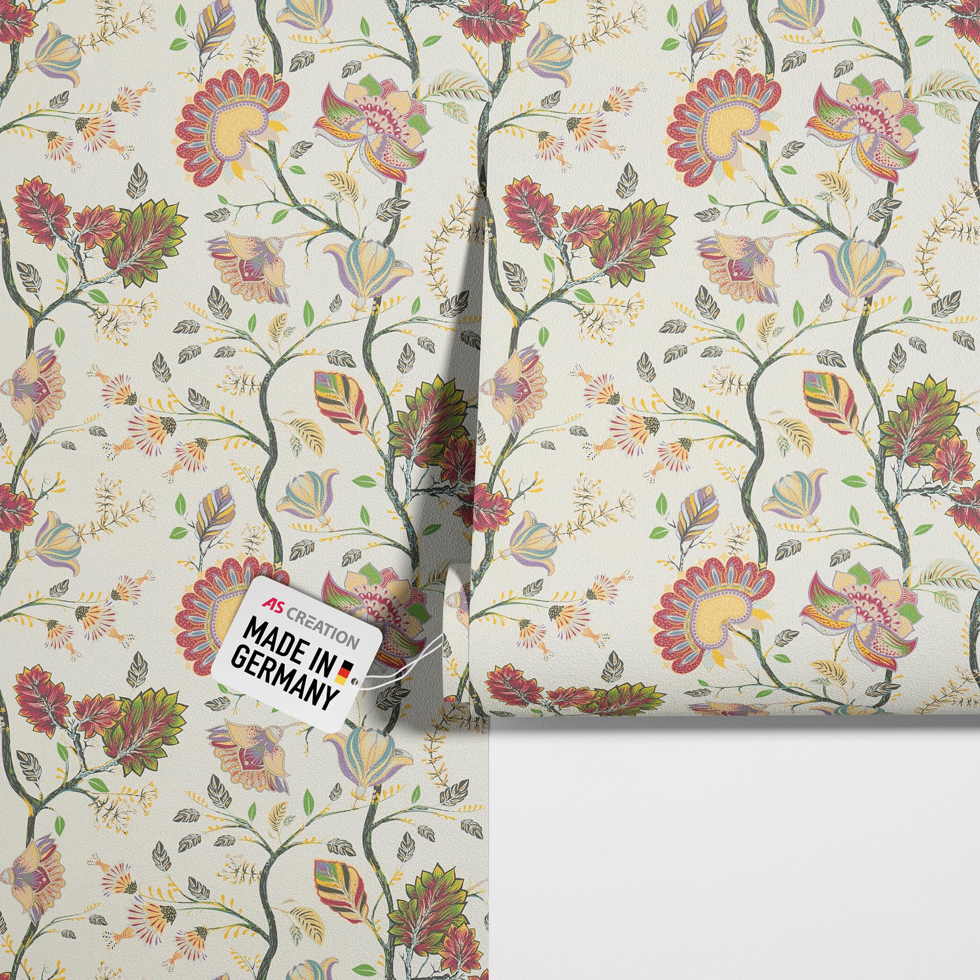Papier peint intissé floral haut de gamme branches de vigne beige rouge 10x0.53m