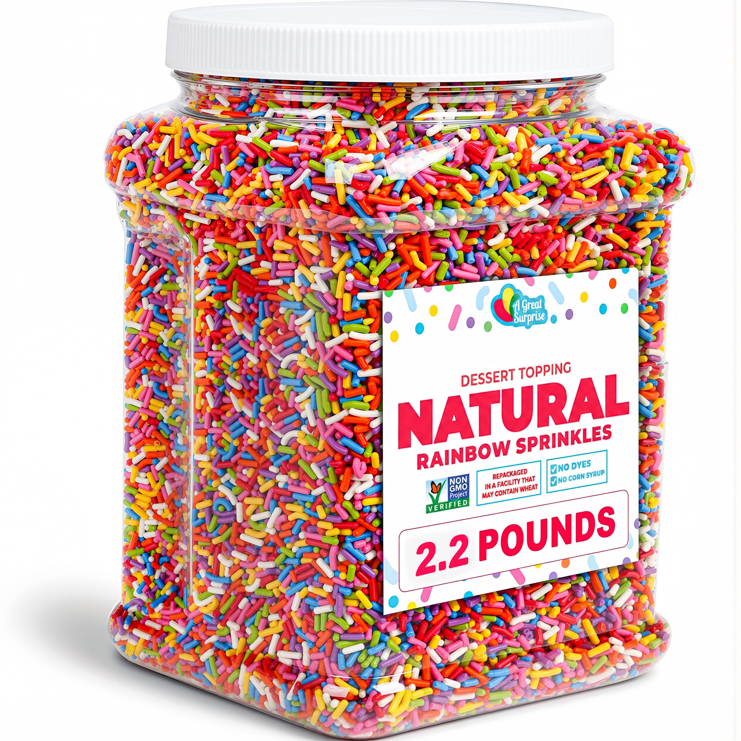 A Great Surprise Natural Sprinkles Rainbow Sprinkles ze sztucznymi kolorami, karnawałowe zraszacze w naturalnym pojemniku z możliwością ponownego zamknięcia