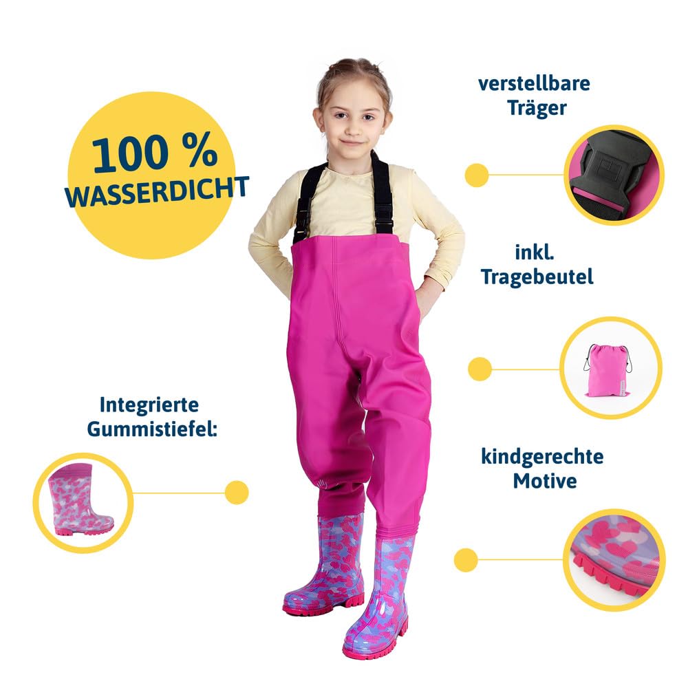 Dönges Kinder-Wathose, wasserdichte Regenhose für Jungs und Mädchen, ungefüttert mit Watstiefeln und Verstellbaren Hosenträgern, Größe 34/35 Rosa, Outdoor Buddelhose für Regen, Matschhose