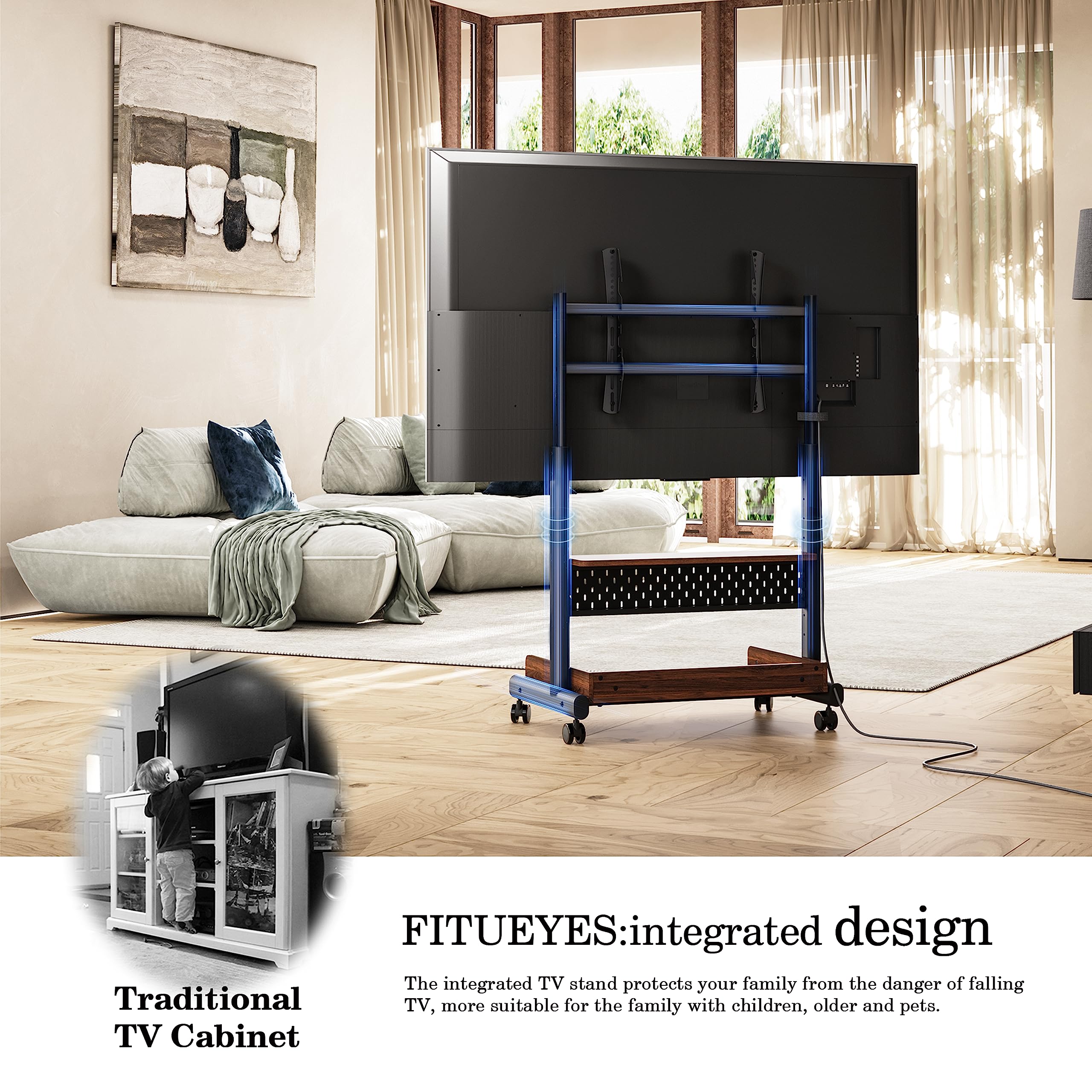 FITUEYES Supporto TV da Pavimento per 40-85 pollici, Carrello Porta TV con Ruote e Ripiani in legno Regolabili, Porta TV da Terra Mobile Max VESA 600x400mm Portata 60kg