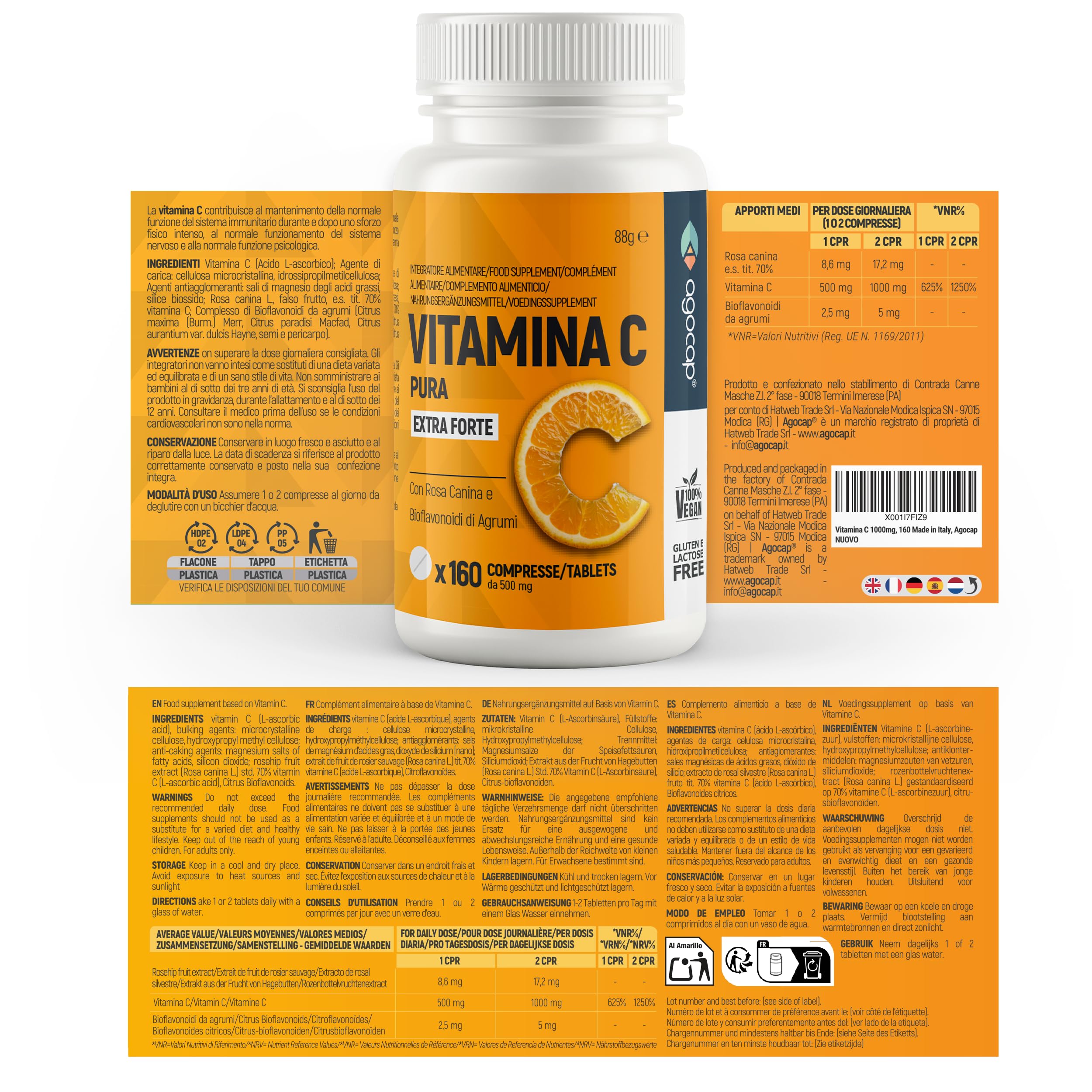 Vitamina C 1000mg, per dose giornaliera - ALTO ASSORBIMENTO. Vitamin C Pura con Rosa Canina e Bioflavonoidi da Agrumi. Vitamina C alleato per le difese immunitarie. 160 cpr da 500mg, Vegana, Agocap