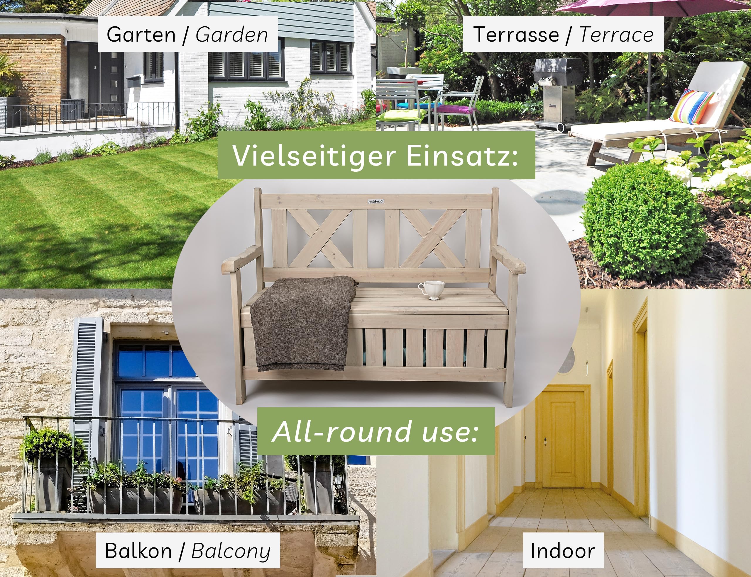 needs&wants® Gartenbank Holz wetterfest mit Stauraum und Abdeckung, 2-Sitzer Truhenbank Holzbank klassisch, Parkbank Sitzbank massiv Garten Outdoor mit Truhe, Naturholz Massivholz, grau-beige