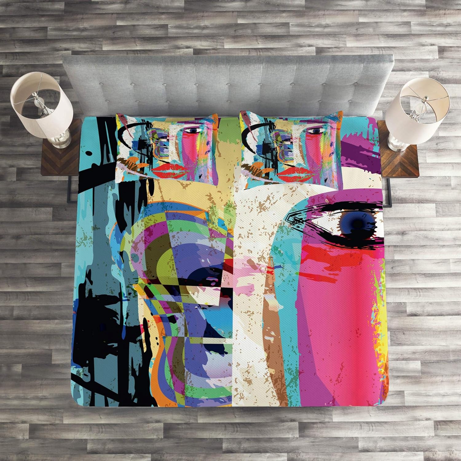 Exсluѕіvе Dіѕсоunt 80% оƒƒеr Lunarable Abstract Coverlet Set Queen Size, Woman Face Art Composition with Paint Strokes and Splashes Eye Red Lips Grungy, 3 Piece Decorative Quilted Bedspread Set with 2 Pillow Shams, Blue Rainbow