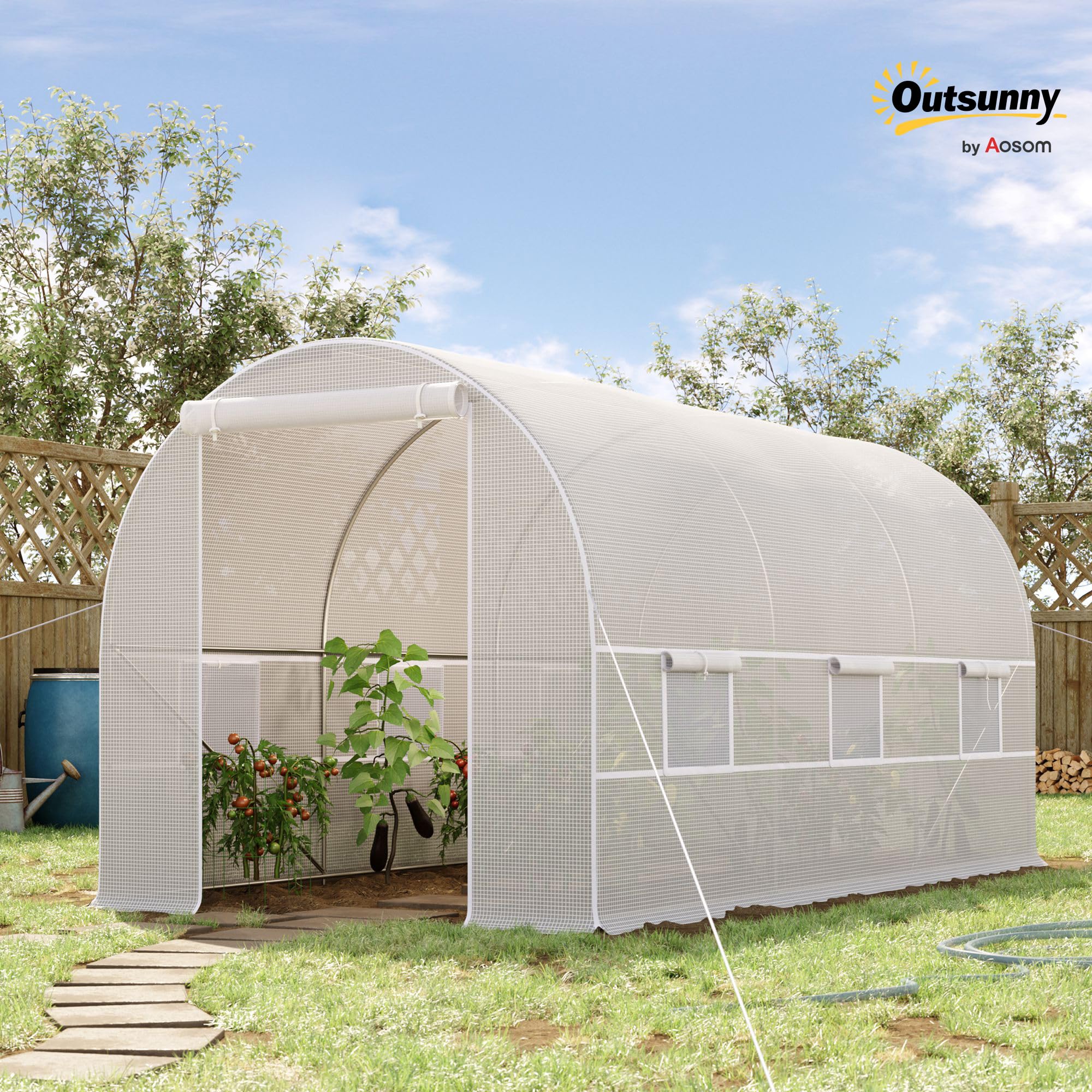 Outsunny Serra da Giardino a Tunnel 4x2x2 m con Porte Avvolgibili e Finestre, Serra per Orto con 4 Rinforzi Diagonali, Struttura in Metallo e Copertura PE, per Orto Verdure Fiori, Bianco