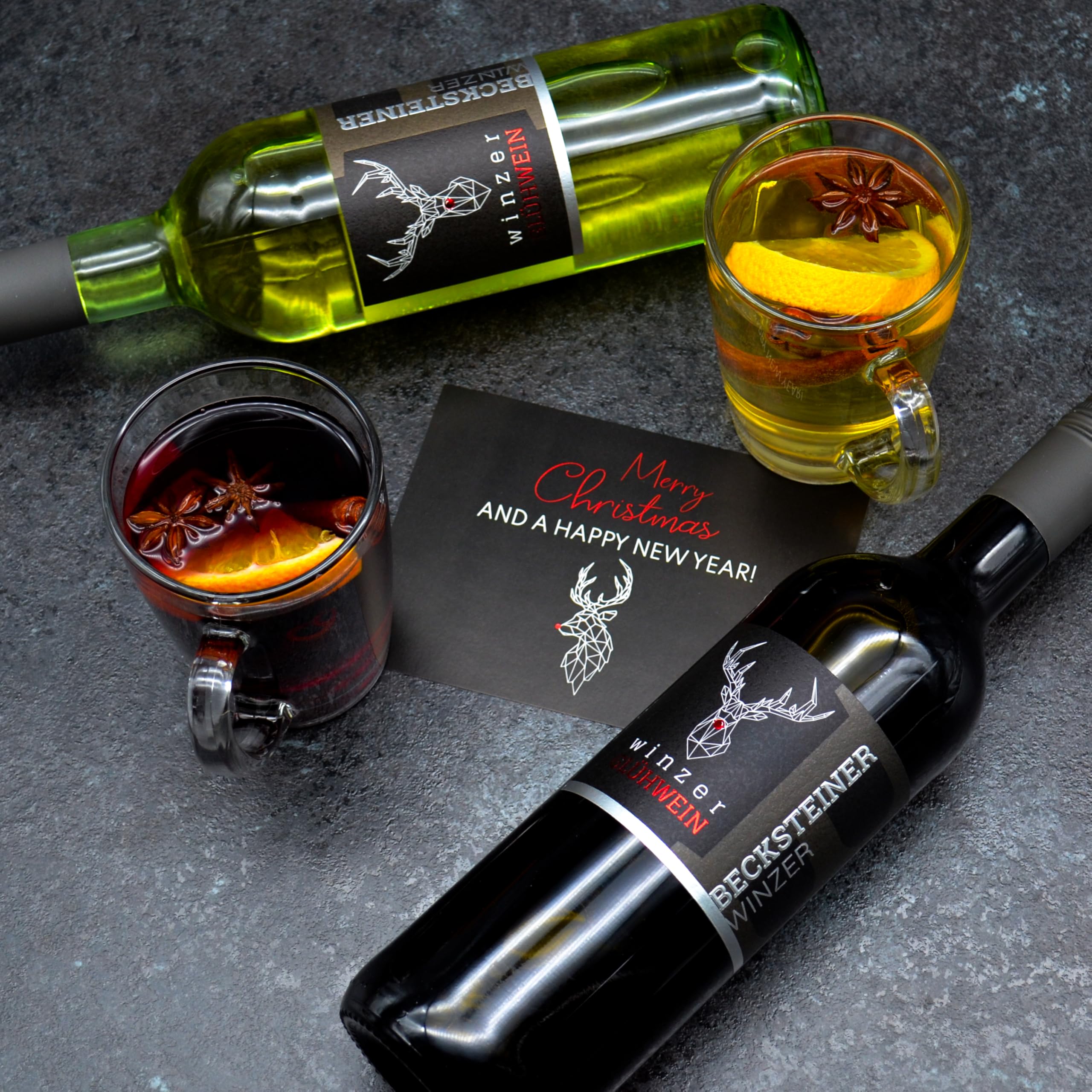 Glühwein Geschenkset mit 2x Becksteiner Winzer Wein (rot & weiß), Weihnachtskarte und Geschenkbox