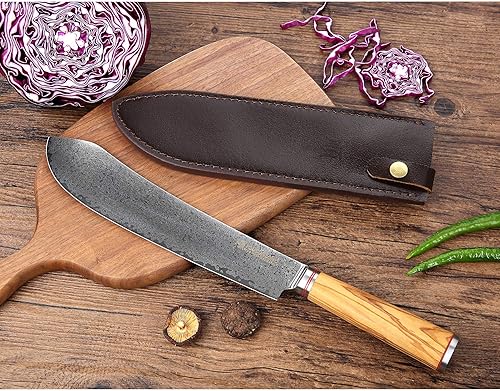Miniatura 4 de YOUSUNLONG Cuchillo de romper Bull Nose Pro Carnicero Cuchillo de 10.0in Japonés Damasco Acero italiano mango de madera de olivo con funda de cuero