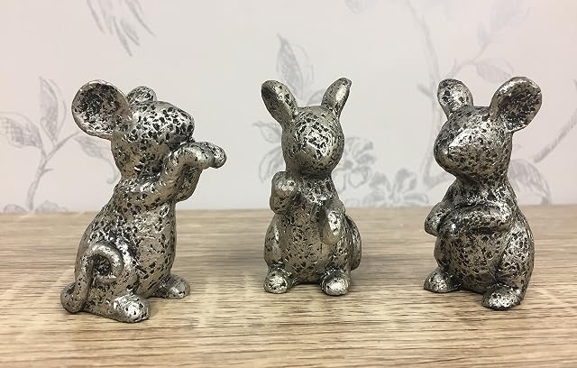 Set of 3 Rustic Silver Mice ~ Small Mouse Ornaments