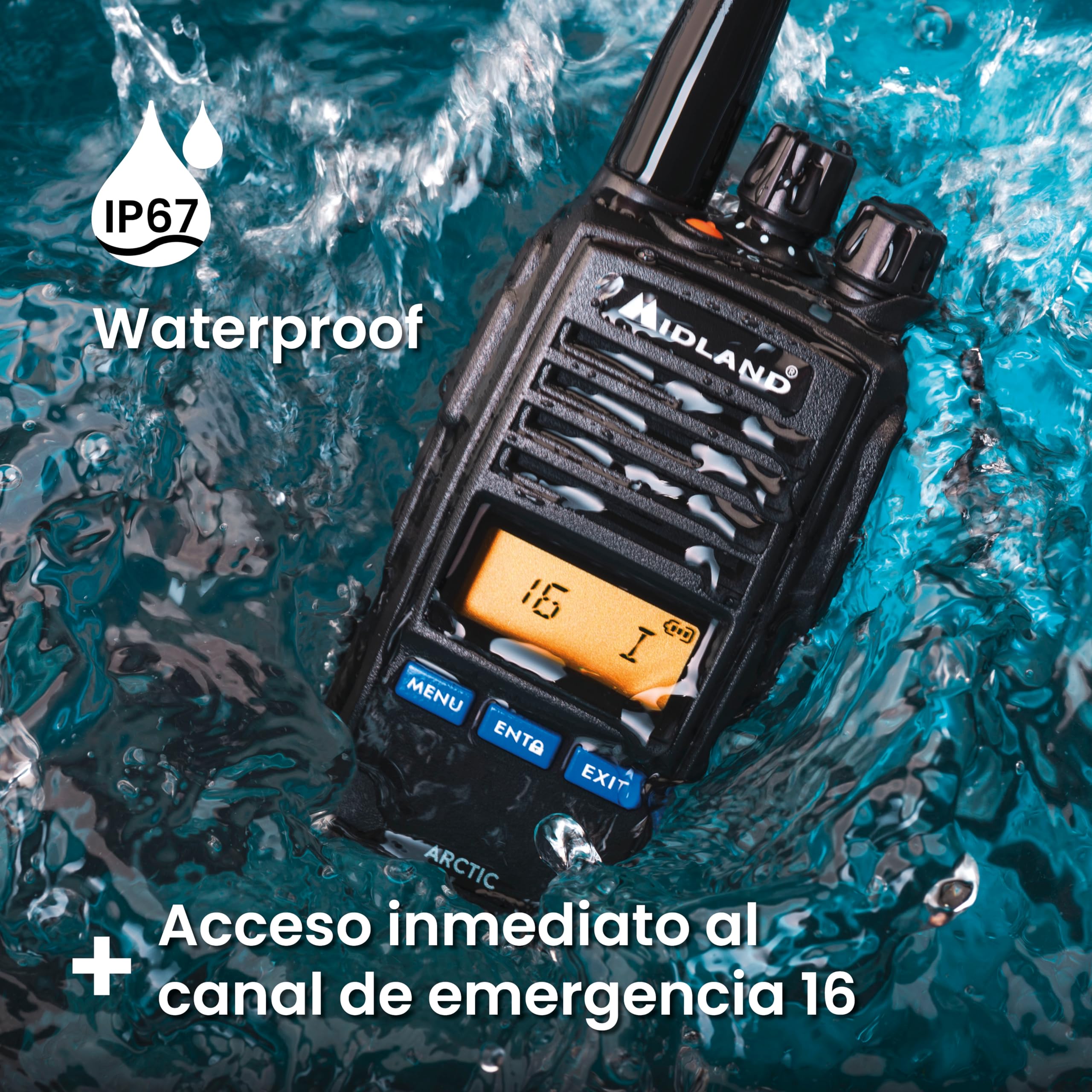 Midland Arctic VHF Marine Band Radio Transceptor de Mano con Triple función de Reloj