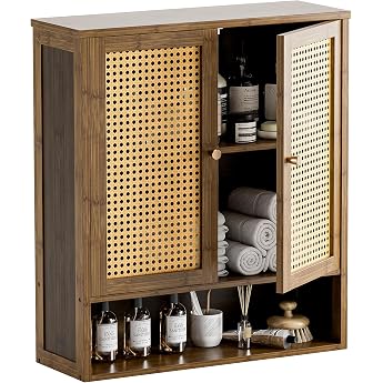 HITNET Bathroom Cabinet Wall Mounted Rattan Medicine Cabinet Hanging with Shelves and Doors Bamboo Wall Cabinet Over the Toilet Space-Saving Walnut