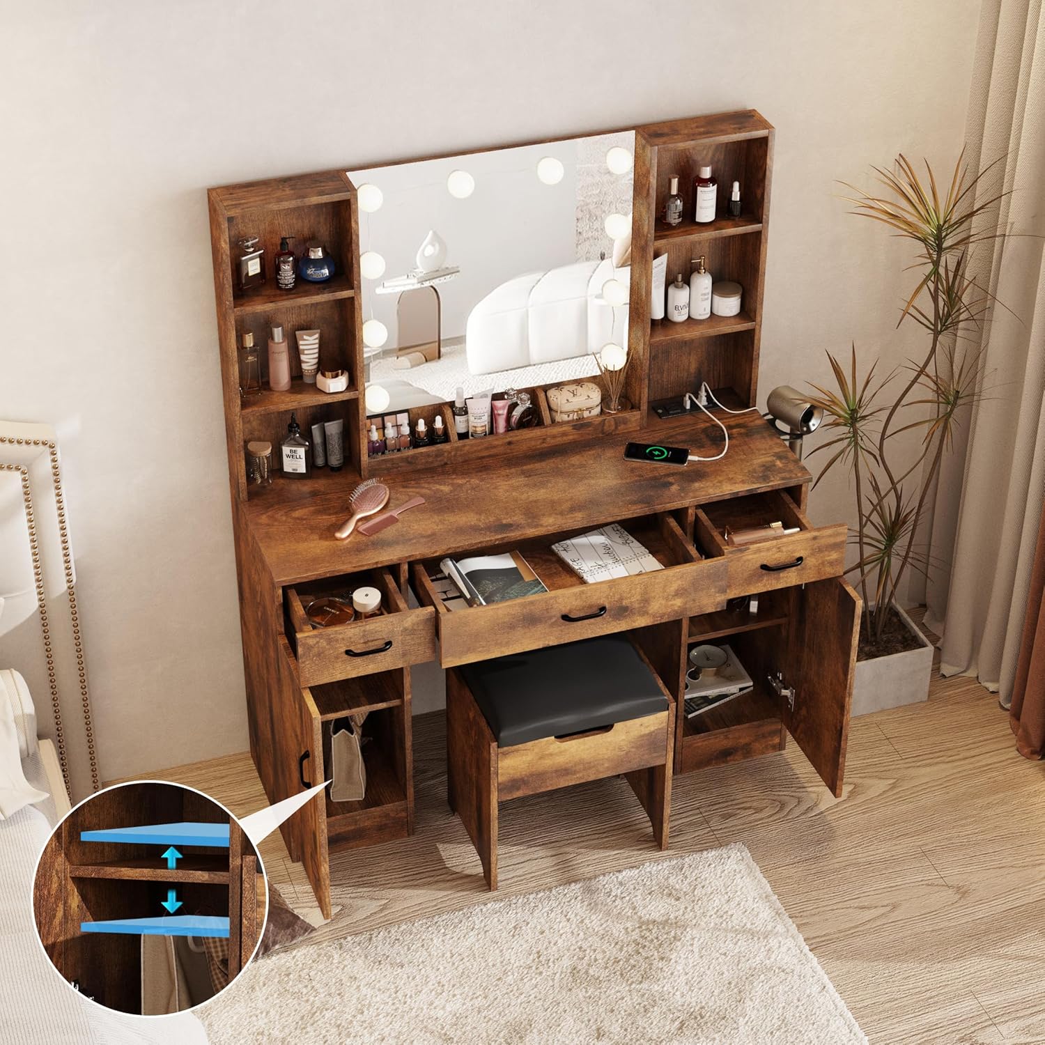 Makeup Vanity Table with Lighted Mirror & Power Outlets, Large Vanity Set Vanity Desk with Storage Stool, 3 Lighting Modes, Brightness Adjustable, 45inch, Rustic Brown