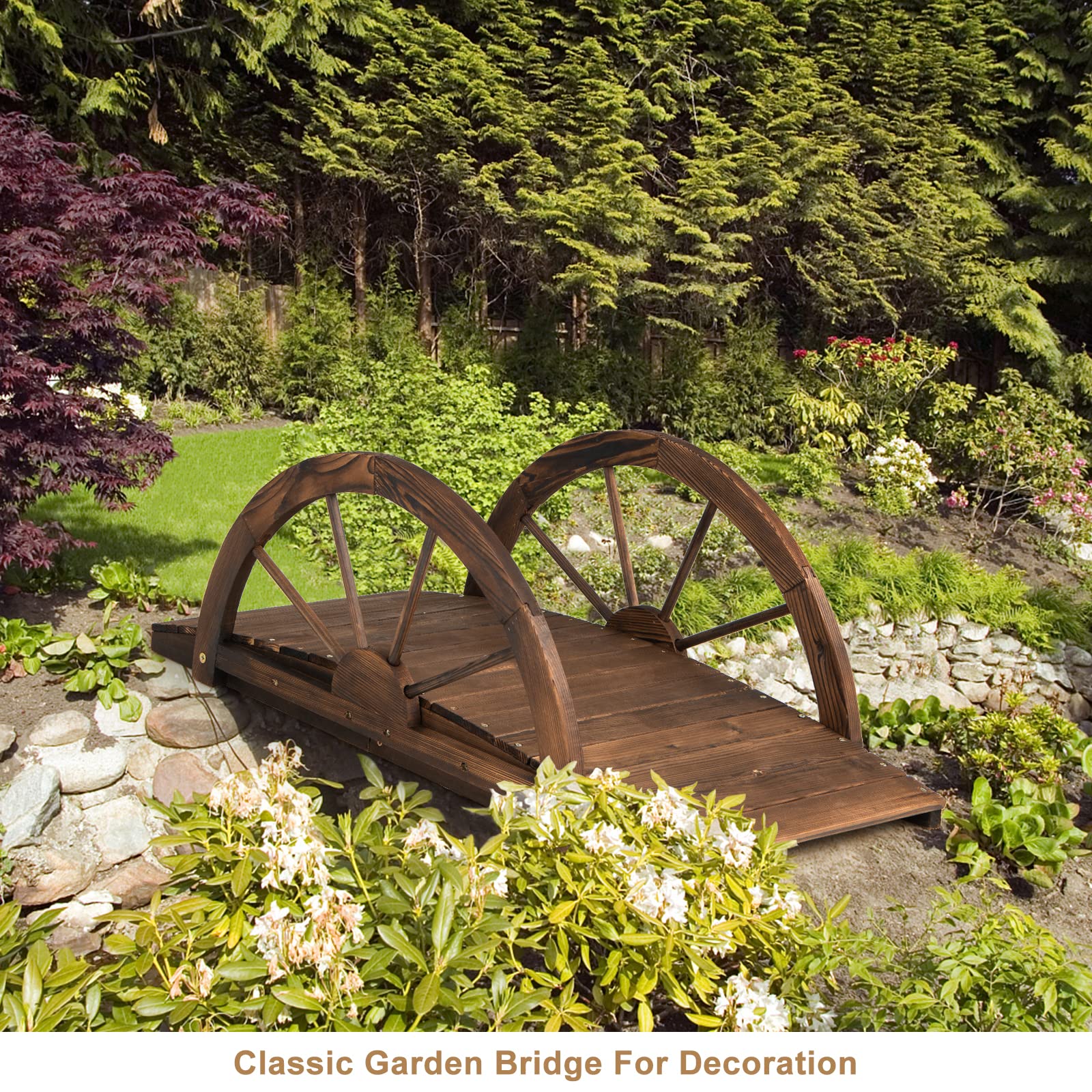 COSTWAY Ponte in Legno da Giardino, Doppia Ringhiera, Capacità di Carico 75 kg