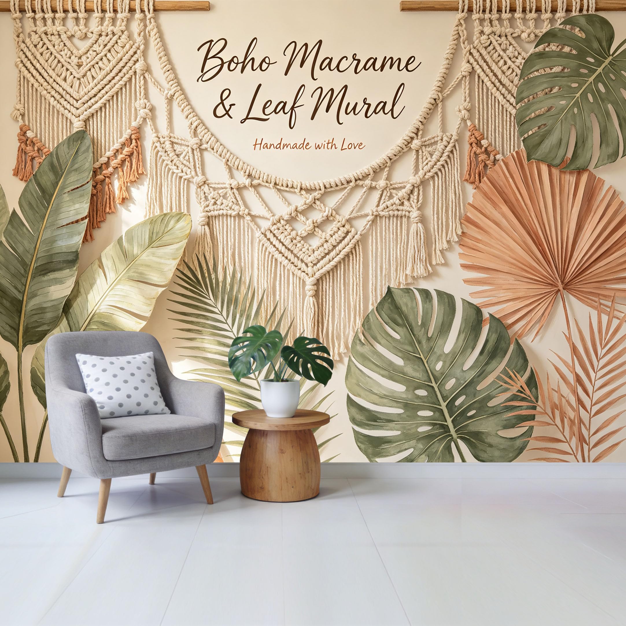 Qzlithotic Yq2605250909 Custom Size Wall Mural Bohemian Macrame Tapestry Botanical Tropical Leaves Art Selfadhesive Wall Fabric Removable Wallpaper For Home Office Decor
