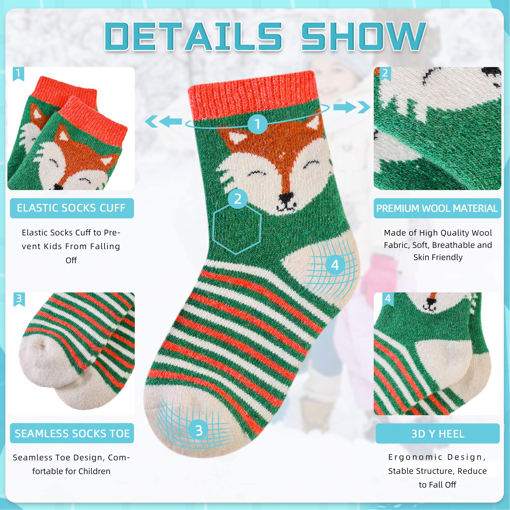 Eocom Calcetines de lana para niños y niñas, cálidos, térmicos, para invierno, acogedores, suaves, gruesos, para botas de bebé, 6 pares