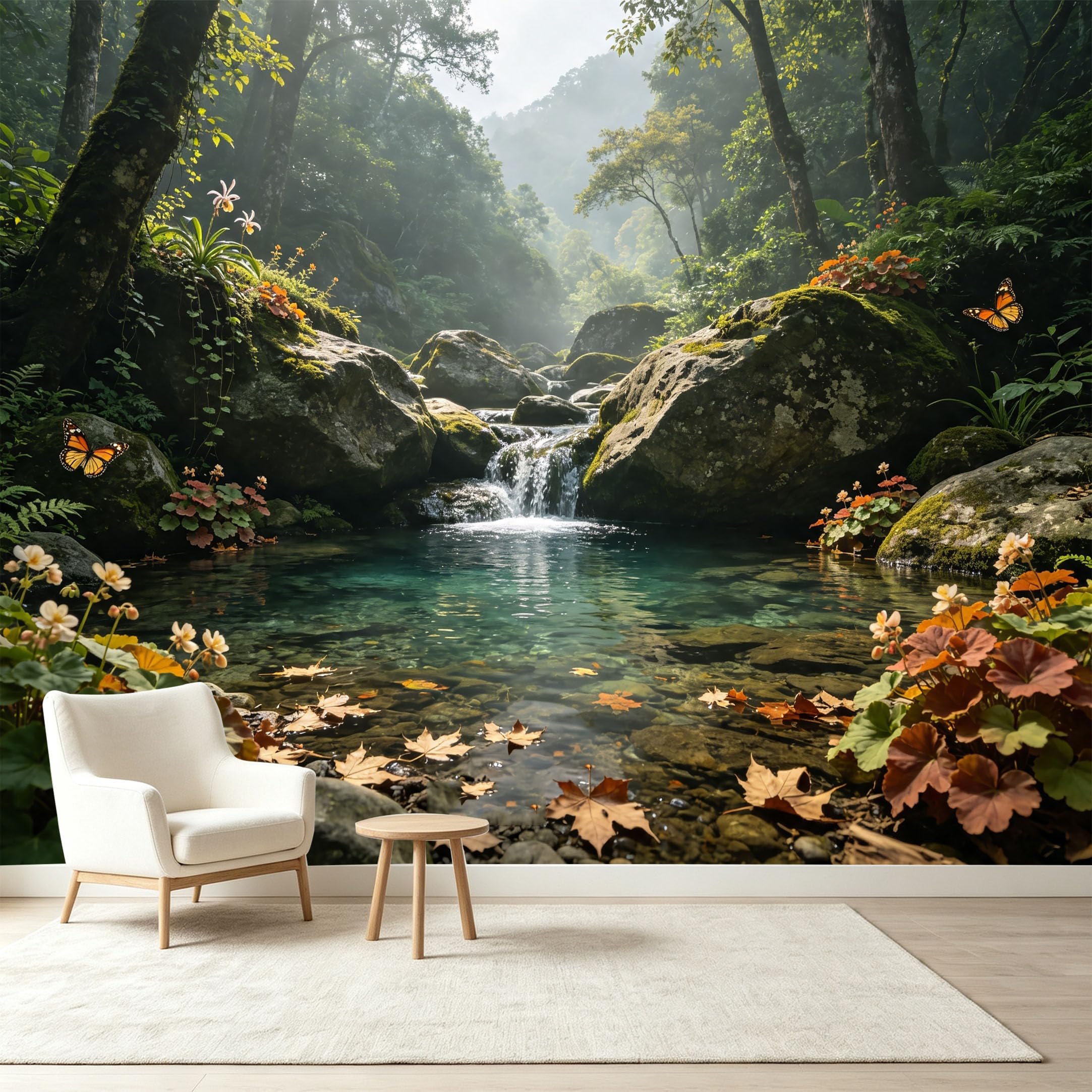 Custom Size Wall Murals Misty Forest Waterfall Landscape Tropical Botanical Butterflies Self-Adhesive Wall Fabric Removable Wallpaper Wall Decor for Living Room Bedroom Bathroom
