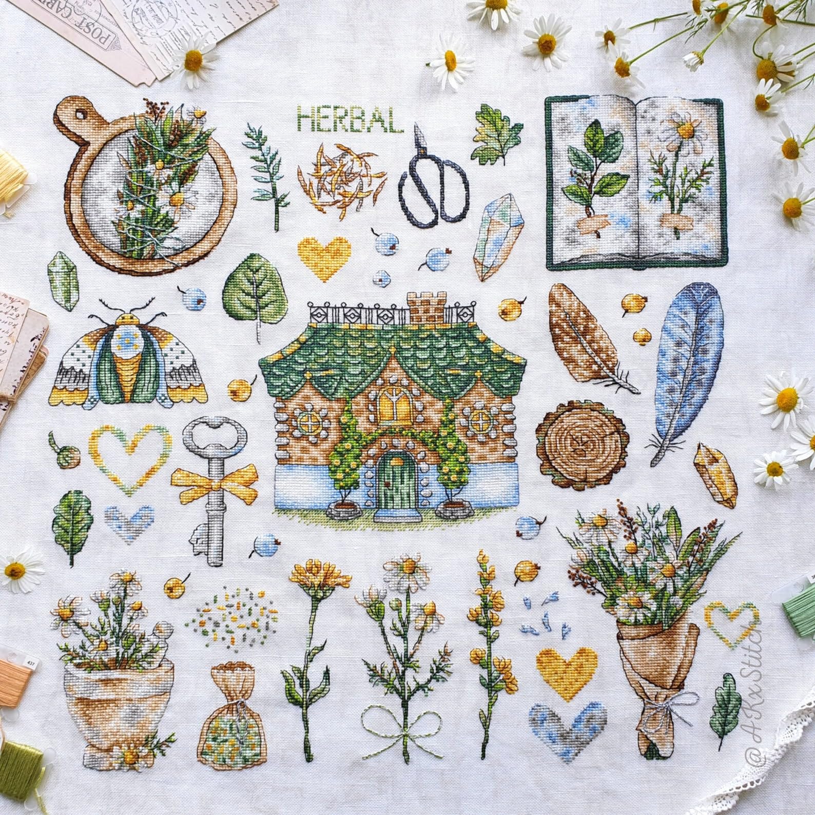 Herbal Sampler Cross Stitch Kit with DMC Threads & Fabric, Cute Easy ...