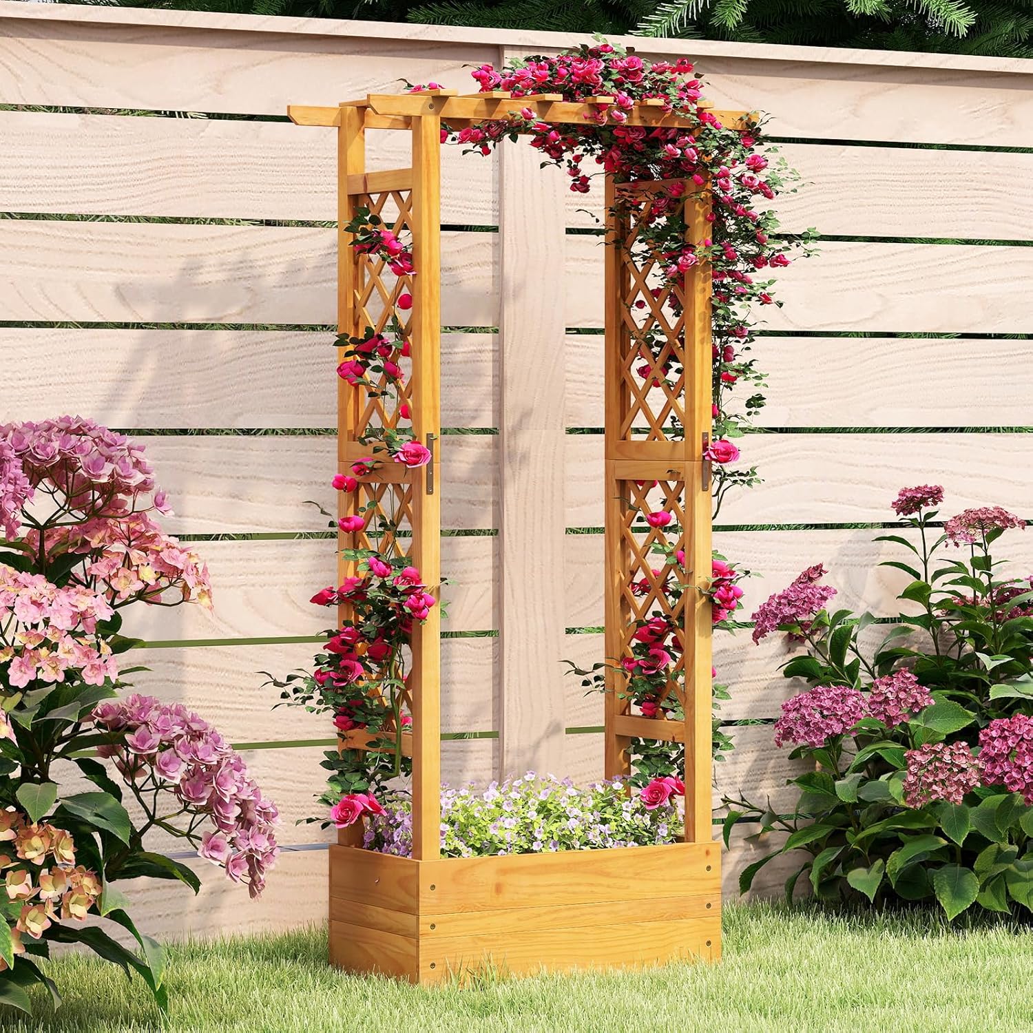 S AFSTAR Wooden Raised Garden Bed with Trellis, 60" Elevated Planter Box with Hanging Roof & Open-Ended Base for Climbing Vine Flower Herb Vegetable, Outdoor Plant Container for Patio & Yard