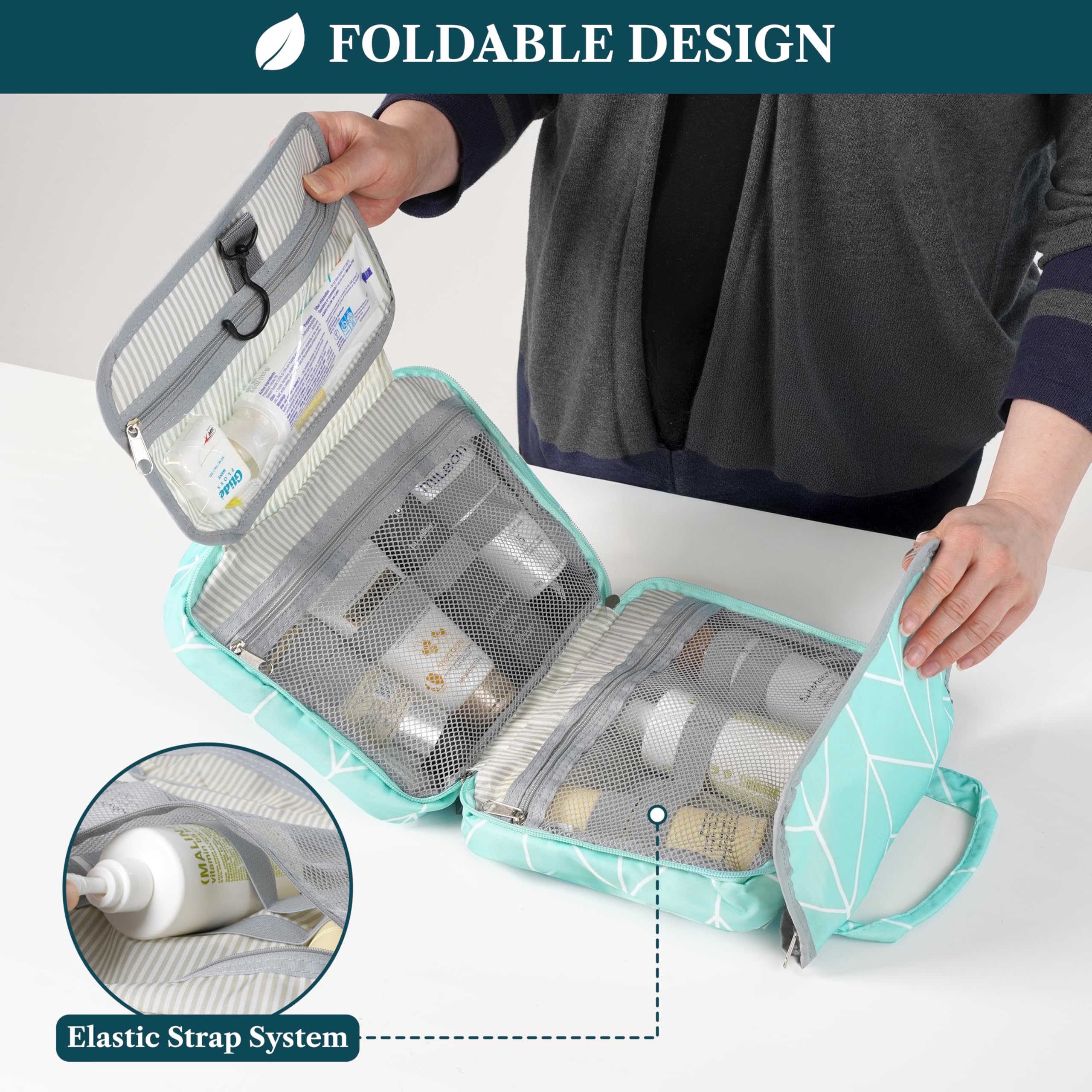 PAVILIA Borsa da toilette da appendere borsa da viaggio donna e uomo, organizer pieghevole per cosmetici, borsa per il trucco resistente all'acqua, accessori da toeletta, grande kit essenziale da