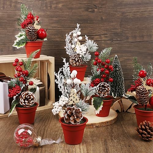 Miniatura 3 de winemana Mini decoración de mesa de árbol de Navidad, 6 piezas de árbol artificial pequeño con piñas y bayas rojas, centro de mesa de vacaciones