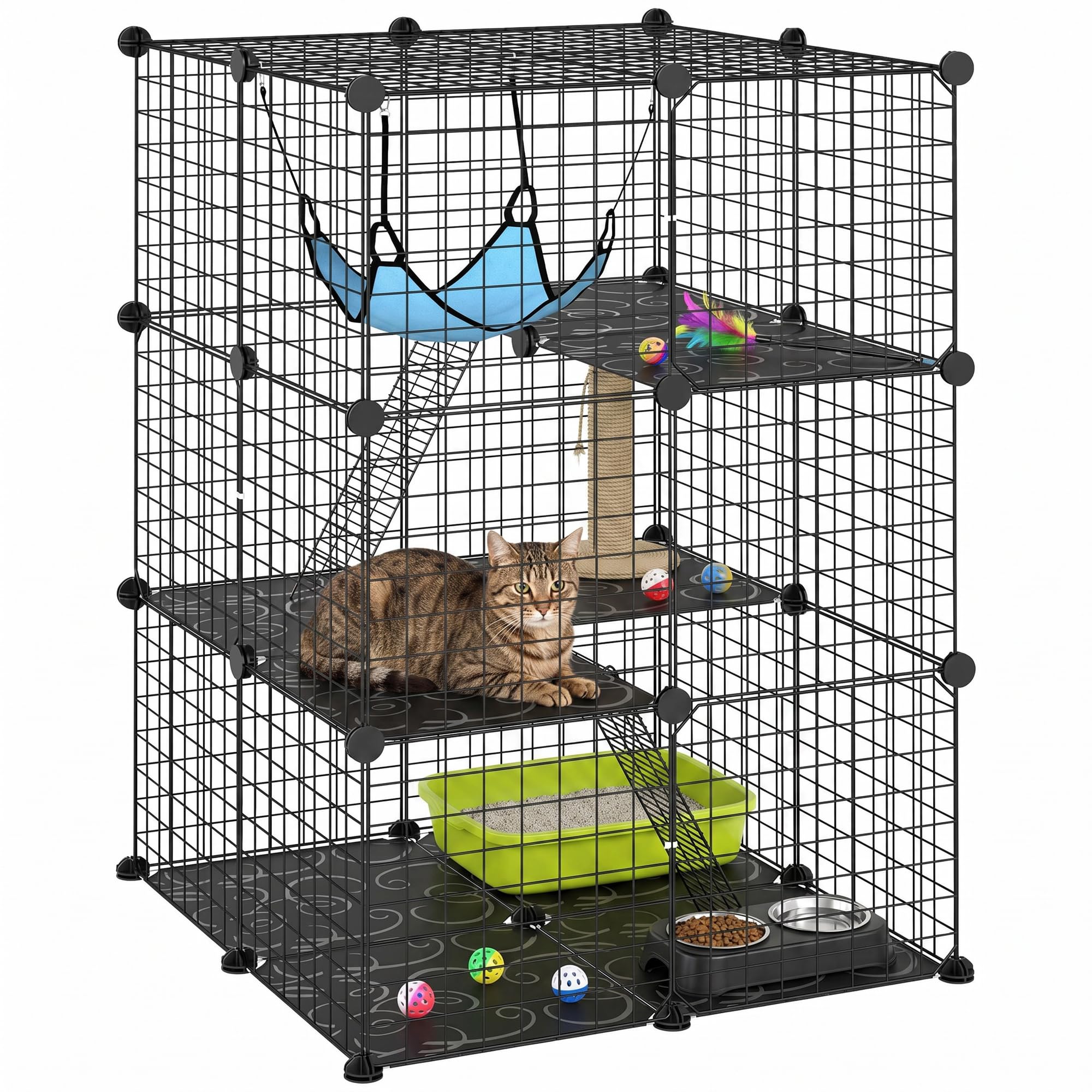 PawHut 3-stöckiger Katzenkäfig mit Hängematte, Plattform und Leitern, Haustierkäfig aus Stahl und PP, 70 x 70 x 105 cm, schwarz und blau