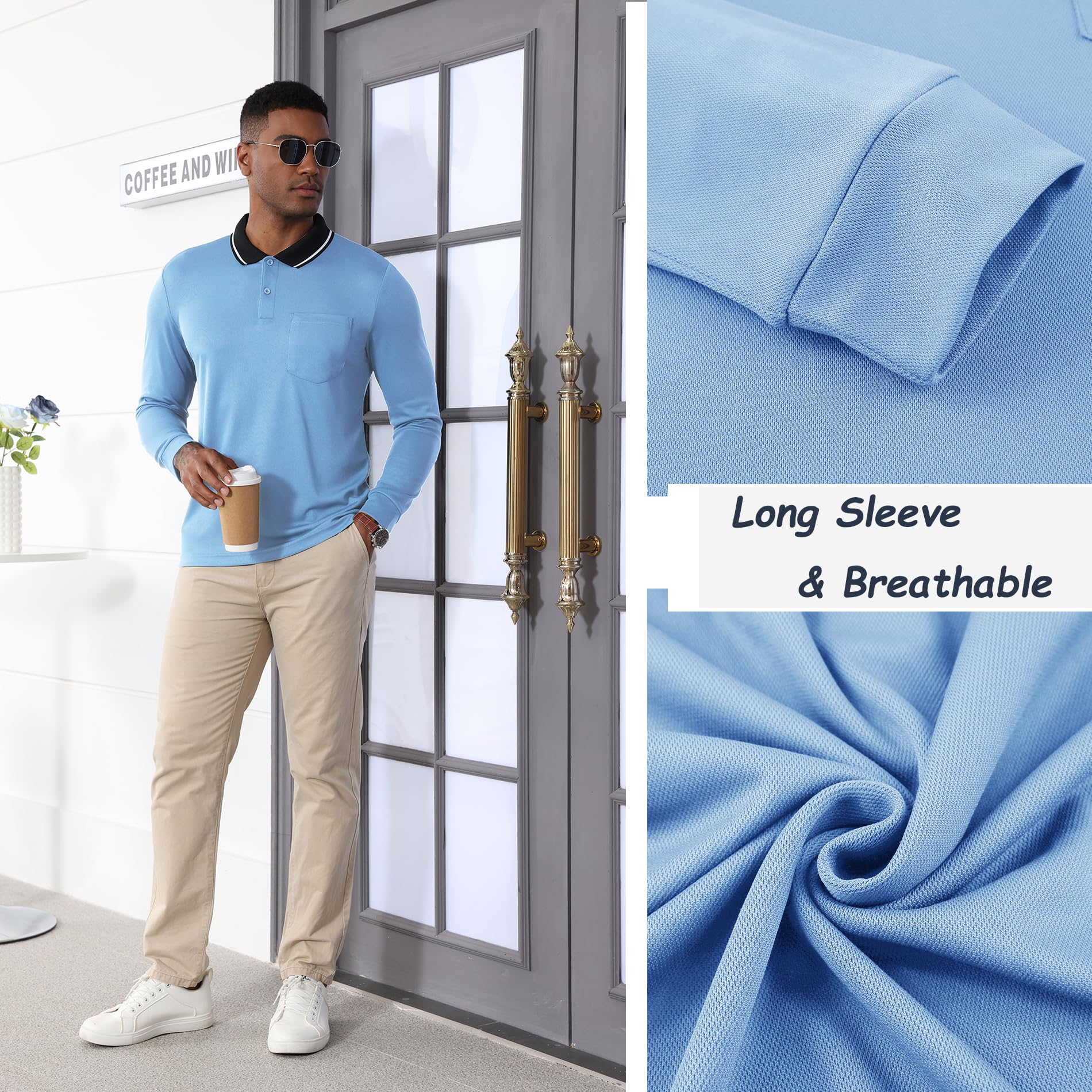JACKETOWN Polo Uomo Manica Lunga Pacco da 3 Polo Golf Lavoro Traspirante T Shirt con Taschino Primavera Autunno Camicie per la Pesca Escursionismo