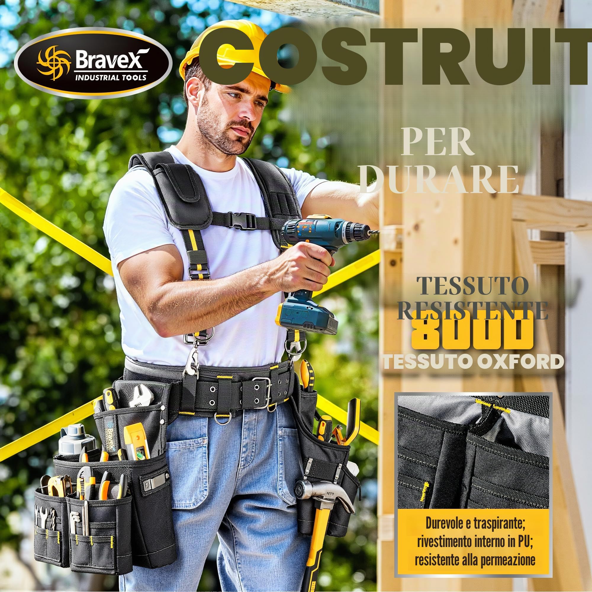 Cintura porta attrezzi con bretelle - Pro Ultra anti-usura con 20 tasche in stile Y, cintura porta attrezzi con 5 sacche combinate per carpentiere, elettricista, in nylon balistico 1200D