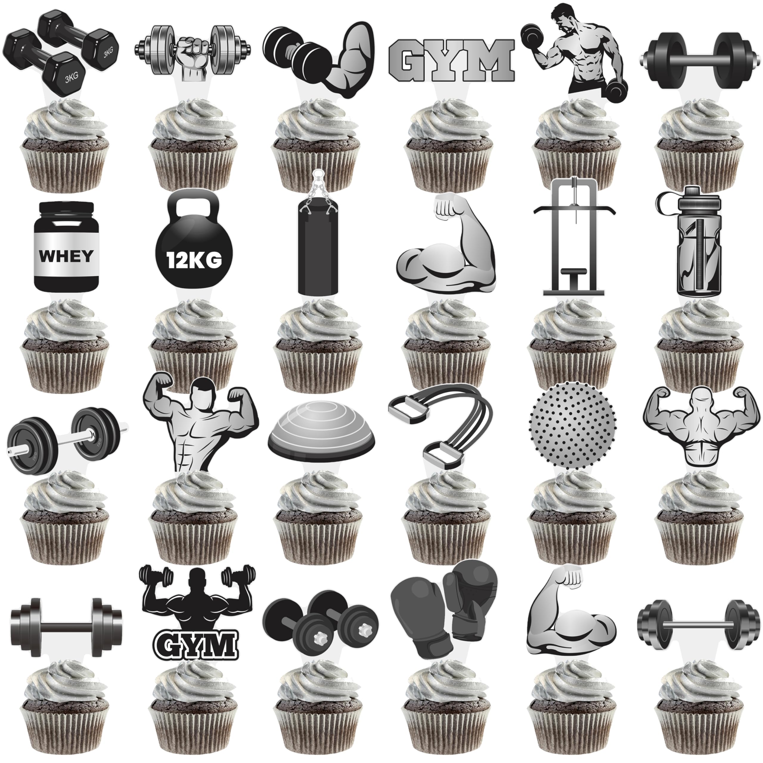 Gym Theme Cupcake Toppers 48Pcs Weight Lifting Cupcake Topper Gym Birthday Party Decorations Fitness Workout Cupcake Picks for Olympic Party Cake Decorations Supplies