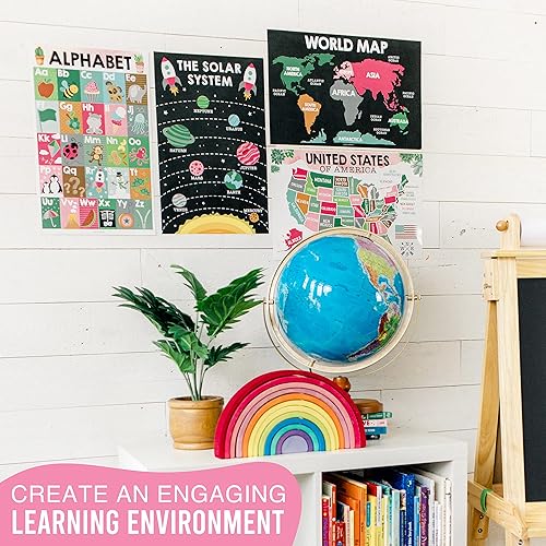 Miniatura 6 de Hadley Designs 4 carteles del alfabeto, mapa de Estados Unidos, mapa del mundo y sistema solar, gráficos ABC laminados para decoración de pared de
